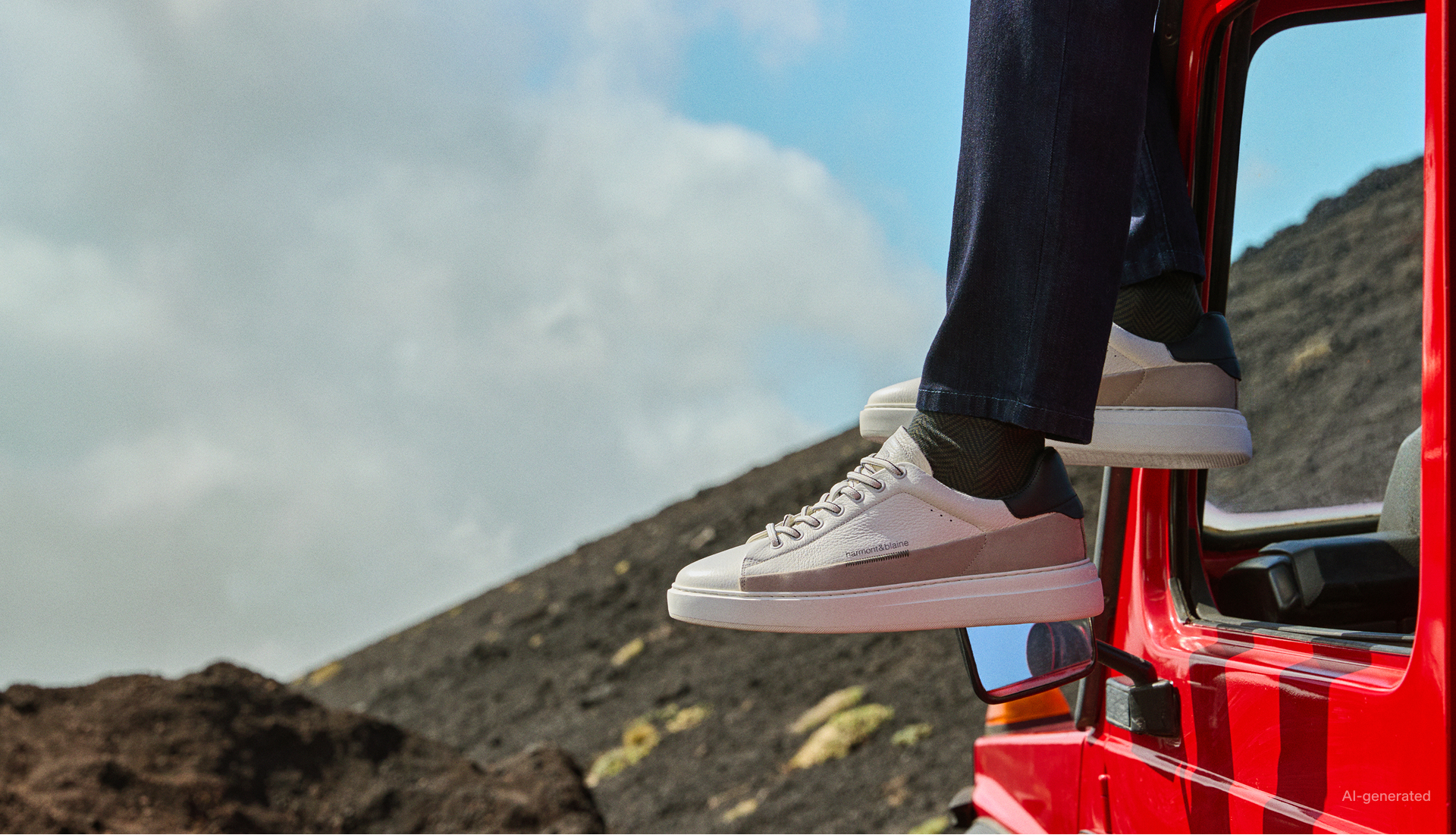 Un'immagine ravvicinata delle gambe di una persona con pantaloni scuri seduta sul telaio della finestra di un veicolo rosso, con indosso scarpe da ginnastica in pelle bianca e beige, su uno sfondo di terreno roccioso scuro e cielo nuvoloso.
