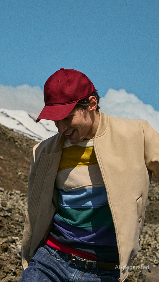 Un uomo con cappellino da baseball rosso bordeaux e giubbotto bomber beige aperto sopra una maglia a righe colorate sorride in un paesaggio vulcanico con montagne innevate sullo sfondo.