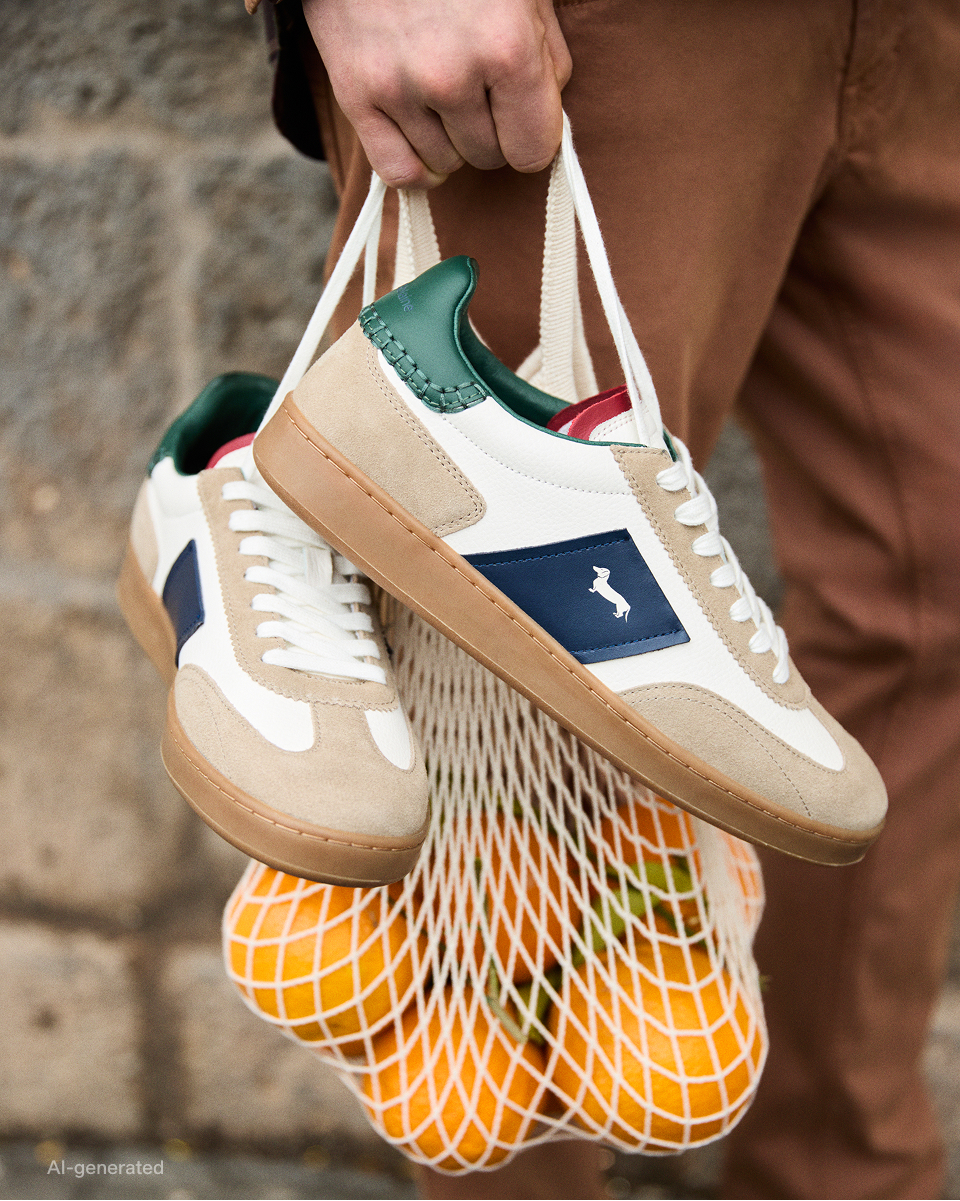 Primo piano di due sneakers in pelle bianca e camoscio beige con dettagli blu e verdi e suola marrone, tenute in sospeso dai lacci.