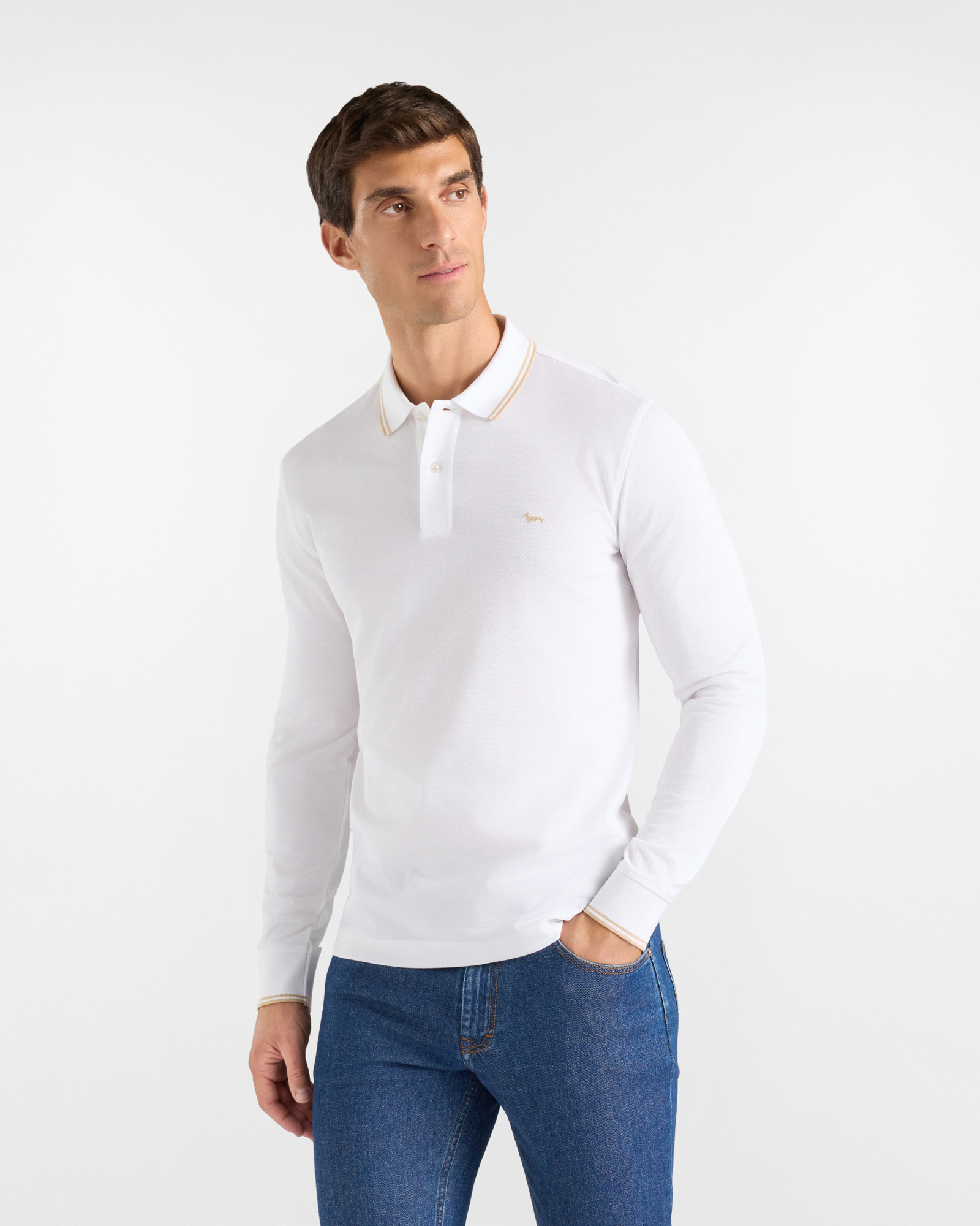 Polo da uomo manica lunga in piquet di 100% puro cotone bianco