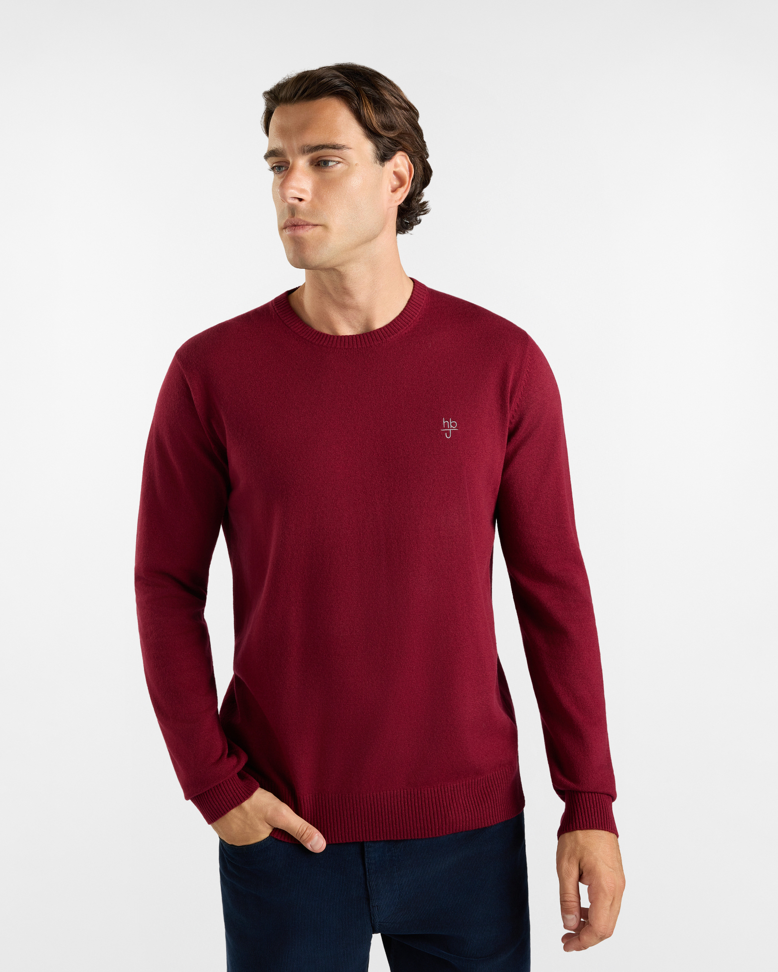Maglia HBJ Uomo in punto cardato con toppe, girocollo in misto lana e cashmere rosso