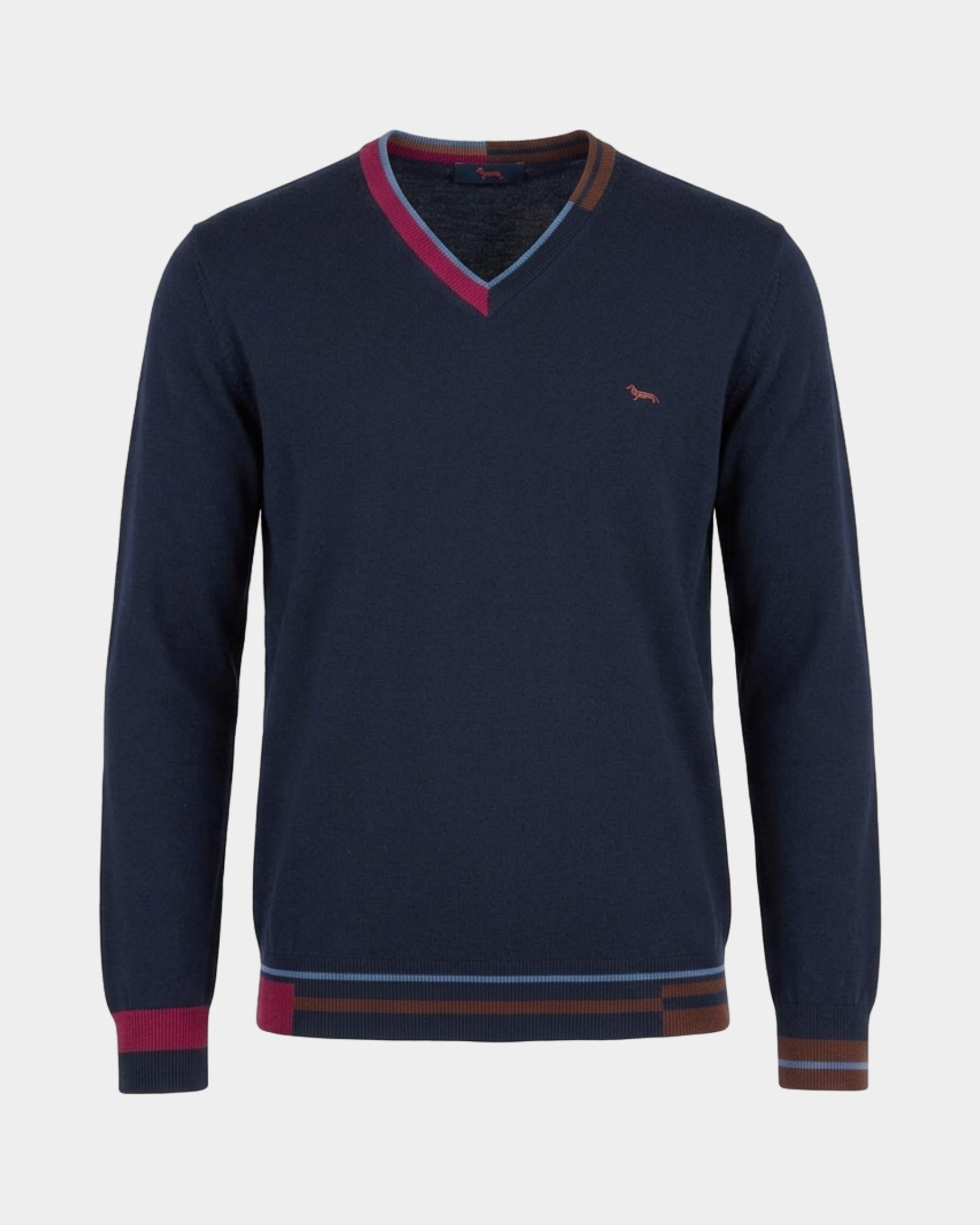 Maglia Uomo con scollo a V in misto lana e cotone Regular Fit, BLU NAVY, large