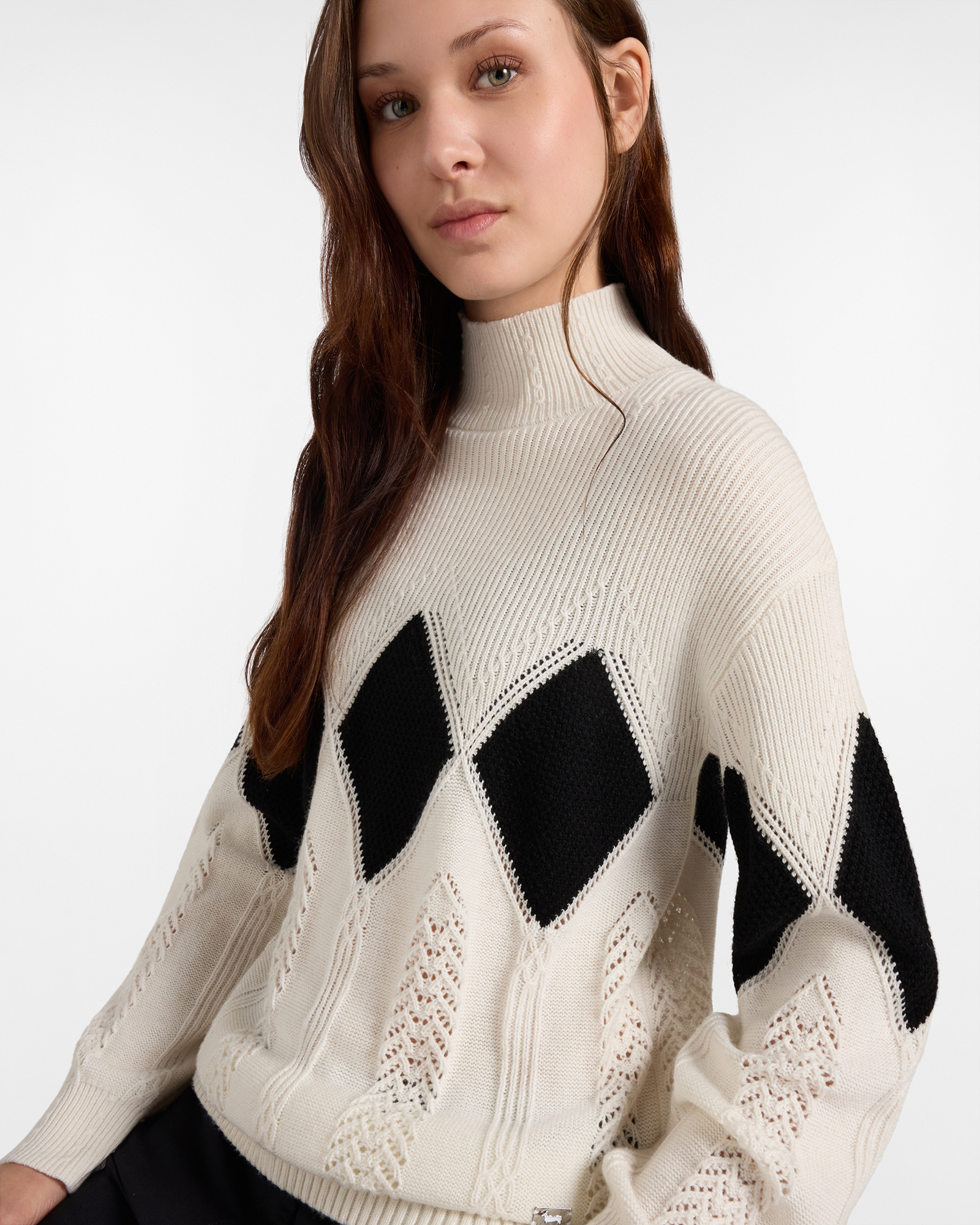 Maglia Donna con collo lupetto in misto lana Made in Italy, BIANCO, large