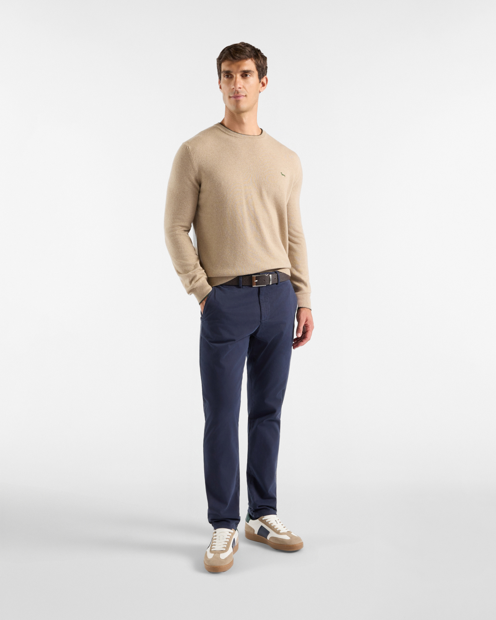 Maglia Uomo girocollo con riga contrasto in misto lana e cashmere grigio Regular Fit, BEIGE, large
