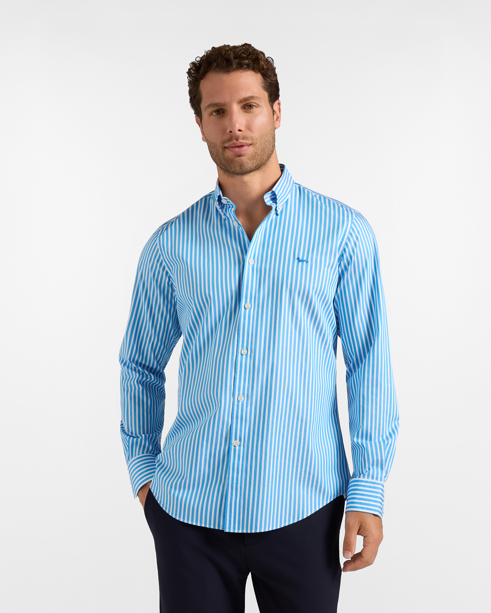 Camicia Uomo in twill con riga raso Regular Fit Turchese