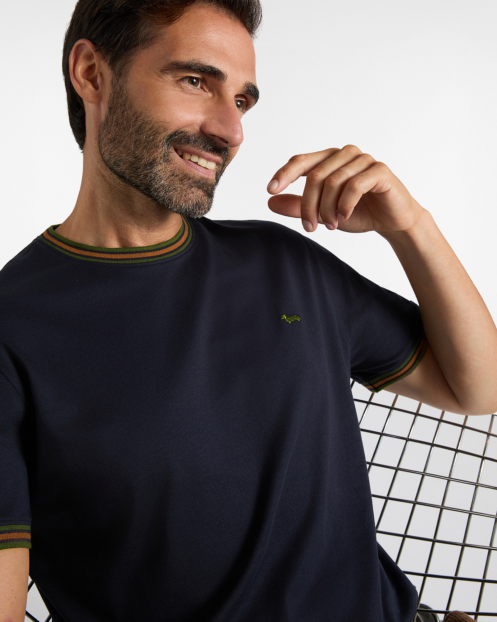T-shirt Uomo con girocollo a costine rigate in 100% puro cotone Regular Fit, BLU NAVY, large