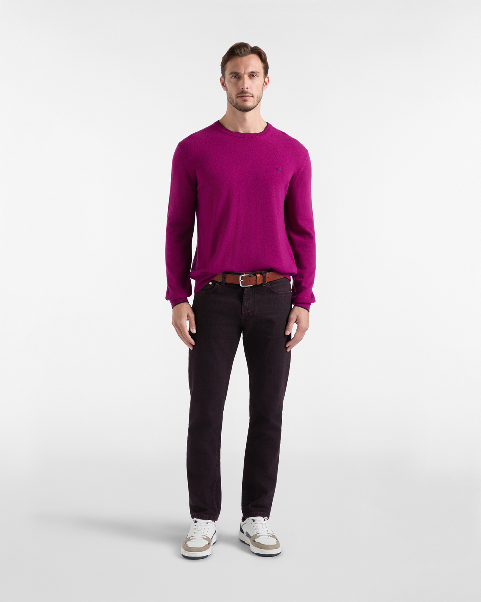 Maglia Uomo girocollo con riga contrasto in misto lana e cashmere grigio Regular Fit, CICLAMINO, large
