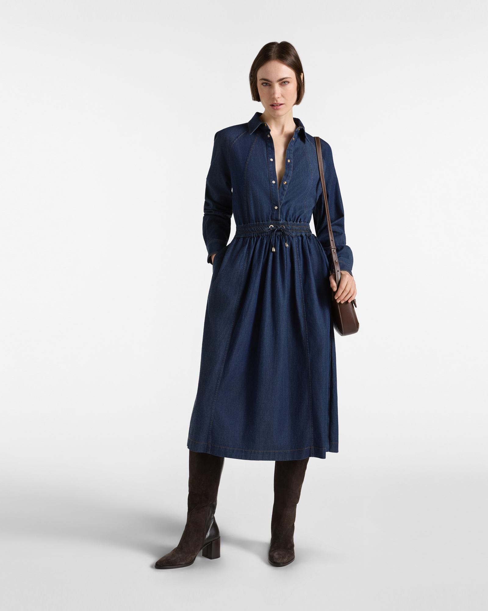 Abito Chemisier Midi Donna in Denim Blu con Punto Vita Arricciato, BLU DENIM, large