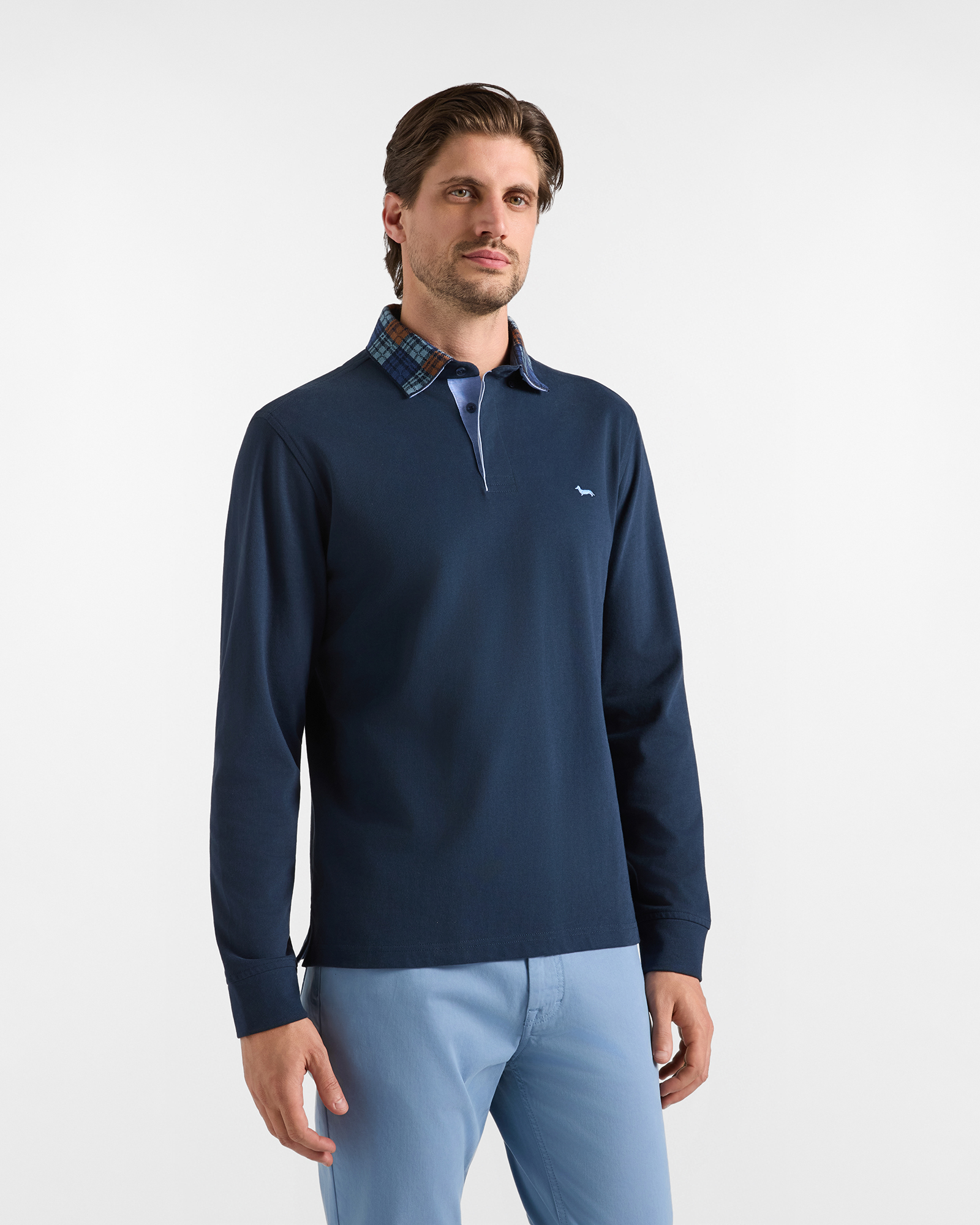 Polo da uomo manica lunga in jersey brushed di 100% puro cotone blu