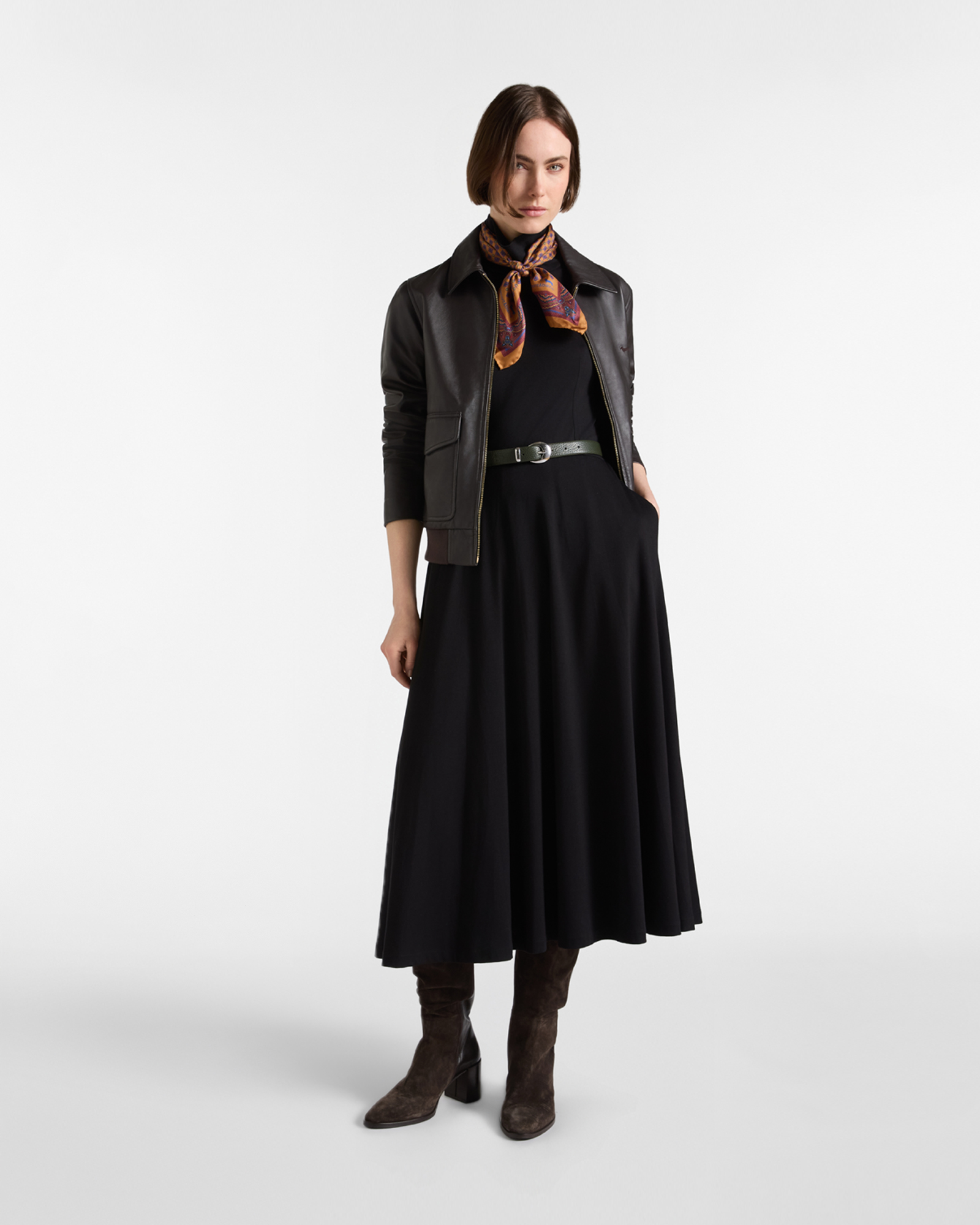Abito Donna manica corta collo alto in tessuto in maglia punto Milano, NERO, large
