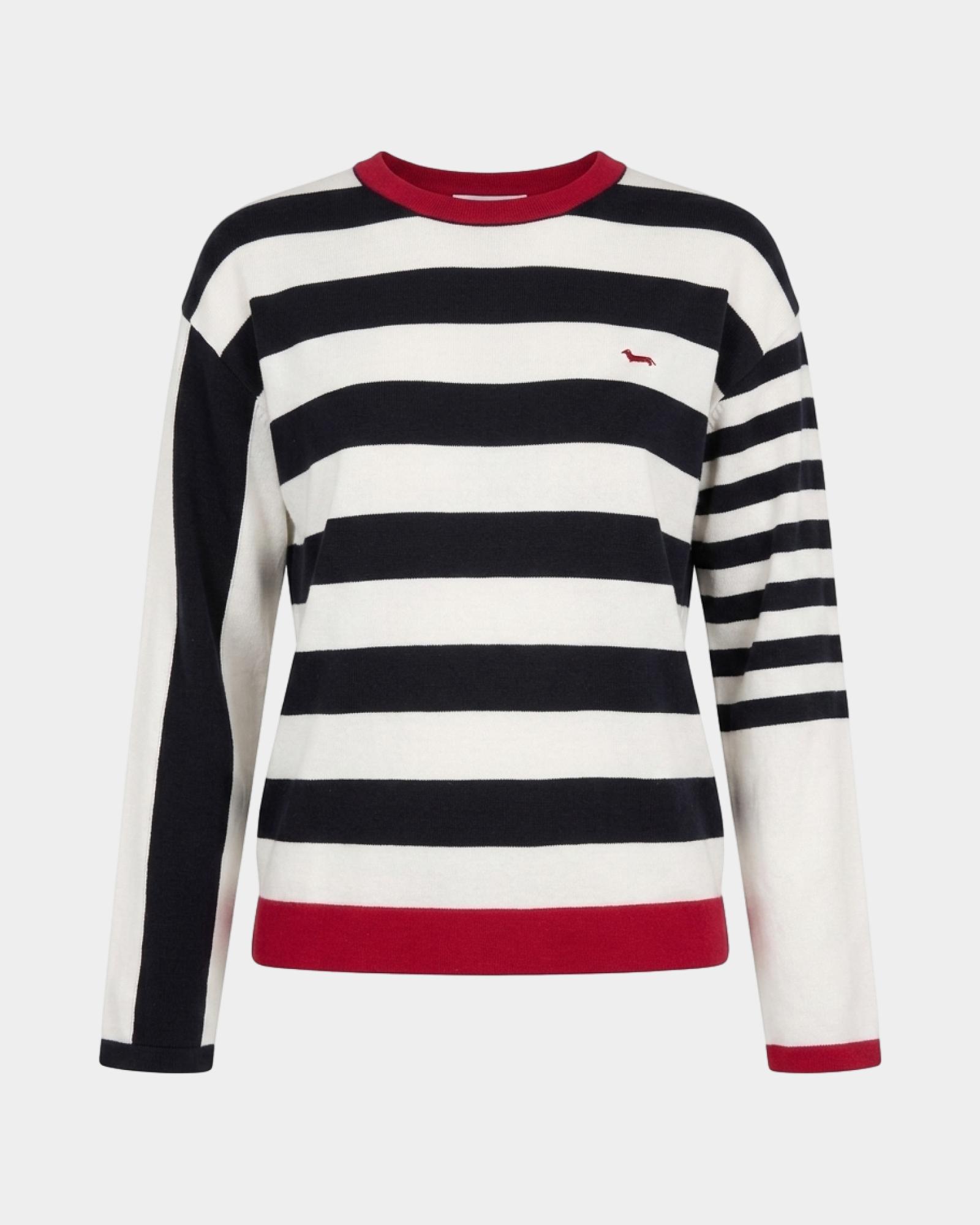 Maglia Donna a Righe in Cotone con Dettagli a Contrasto, BIANCO, large