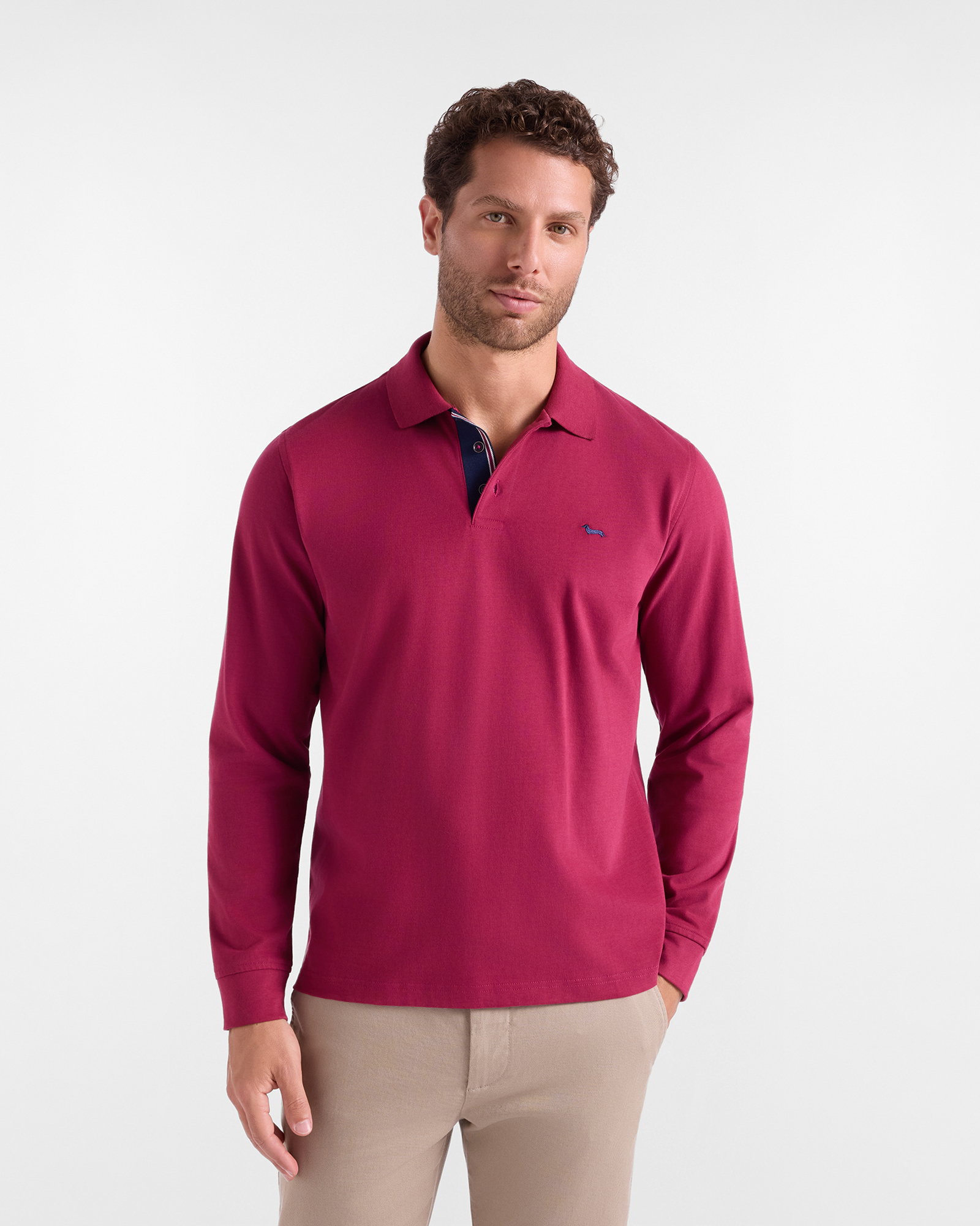 Polo da uomo manica lunga in jersey brushed di 100% puro cotone ciclamino