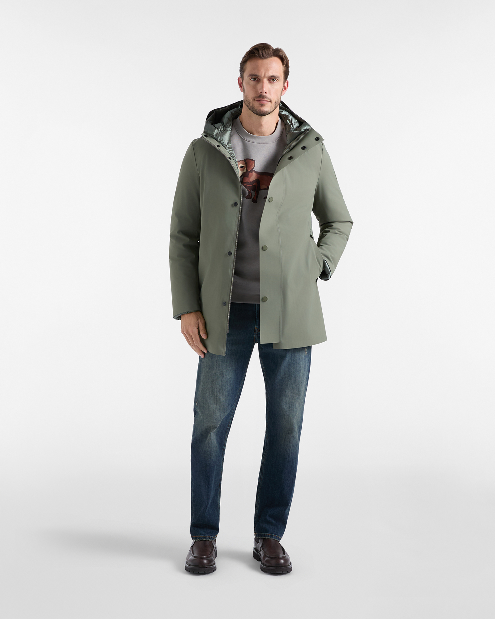 Trench Uomo tecnico con cappuccio in nylon stretch, VERDE PETROLIO, large