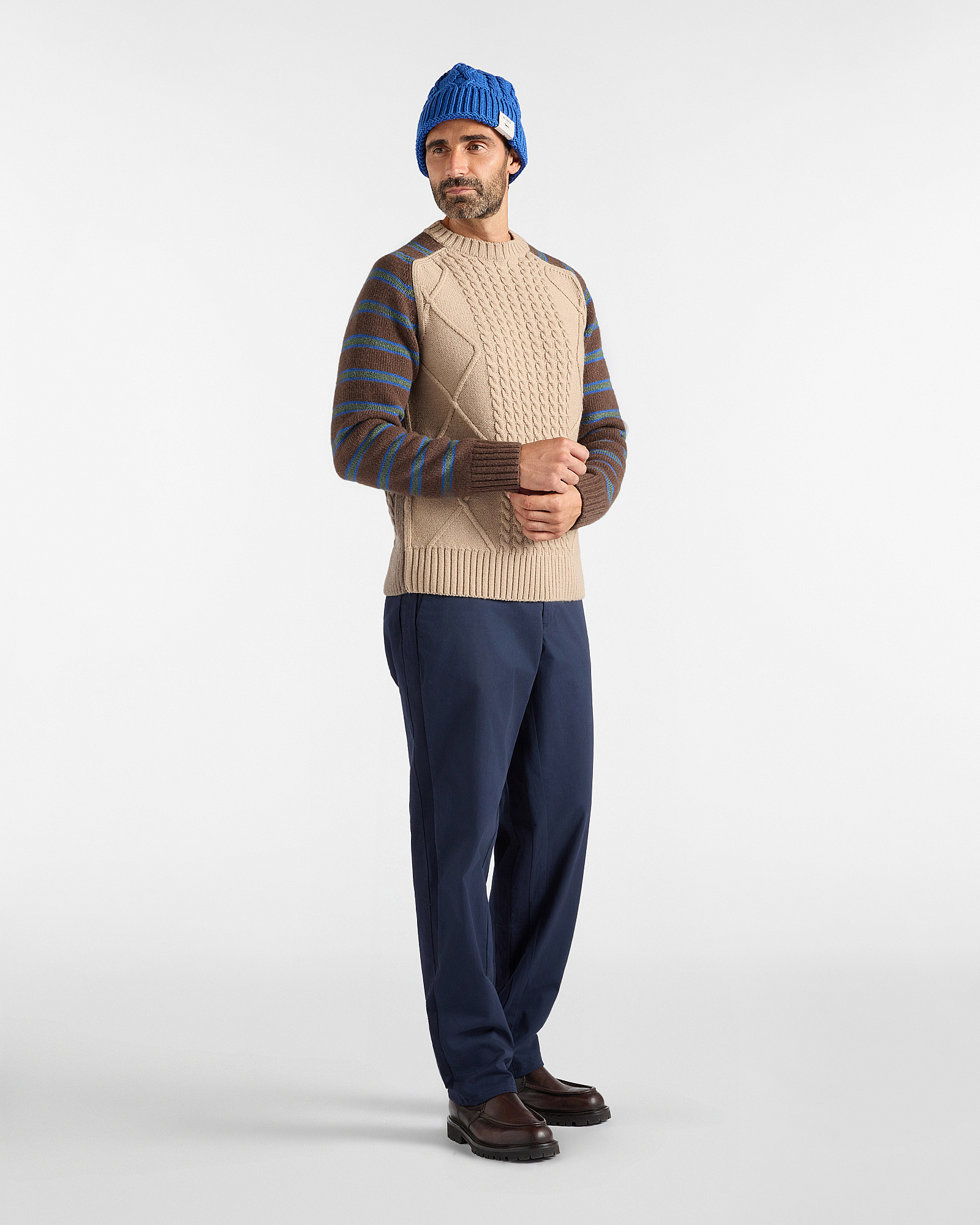 Maglia Uomo con trecce e righe agugliate a mano in misto lana scuro Made in Italy, MARRONE SCURO, large