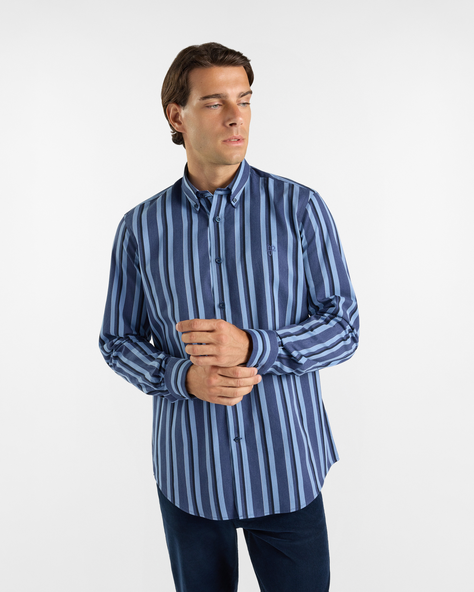 Camicia HBJ Uomo Regular Fit con collo Montecarlo in puro cotone a righe blu denim