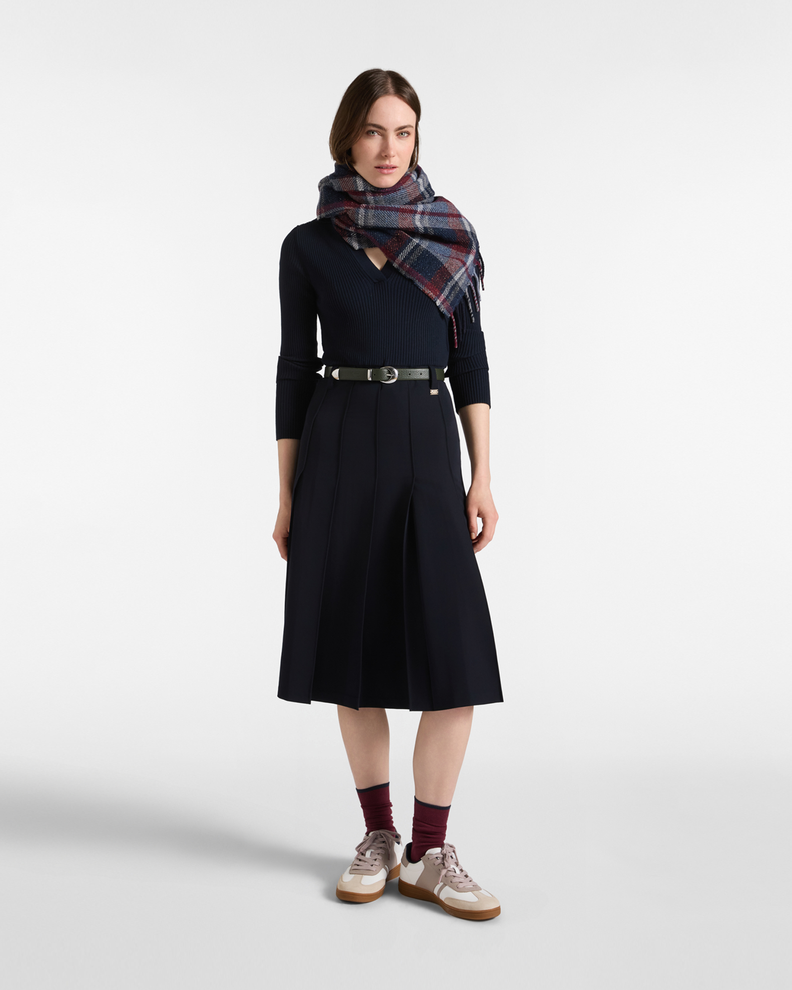 Abito Midi Donna Bimaterico con Corpino a Coste e Cintura, BLU NAVY, large
