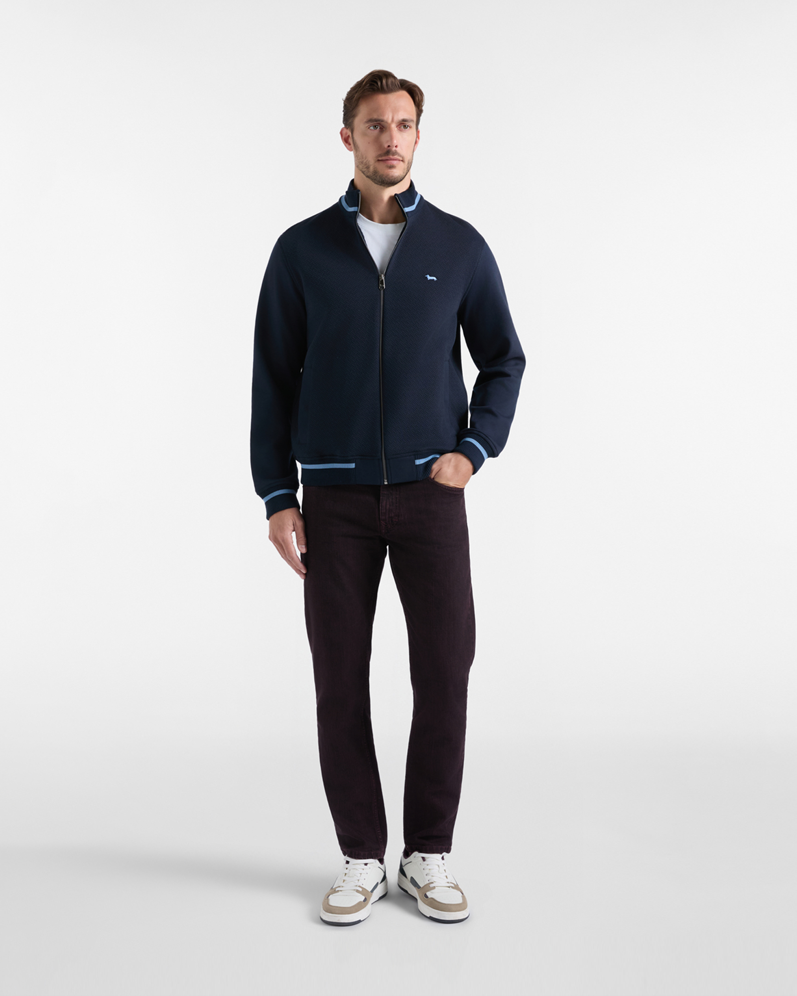 Felpa Uomo full zip in jersey 3D blu con collo a lupetto, BLU NAVY, large