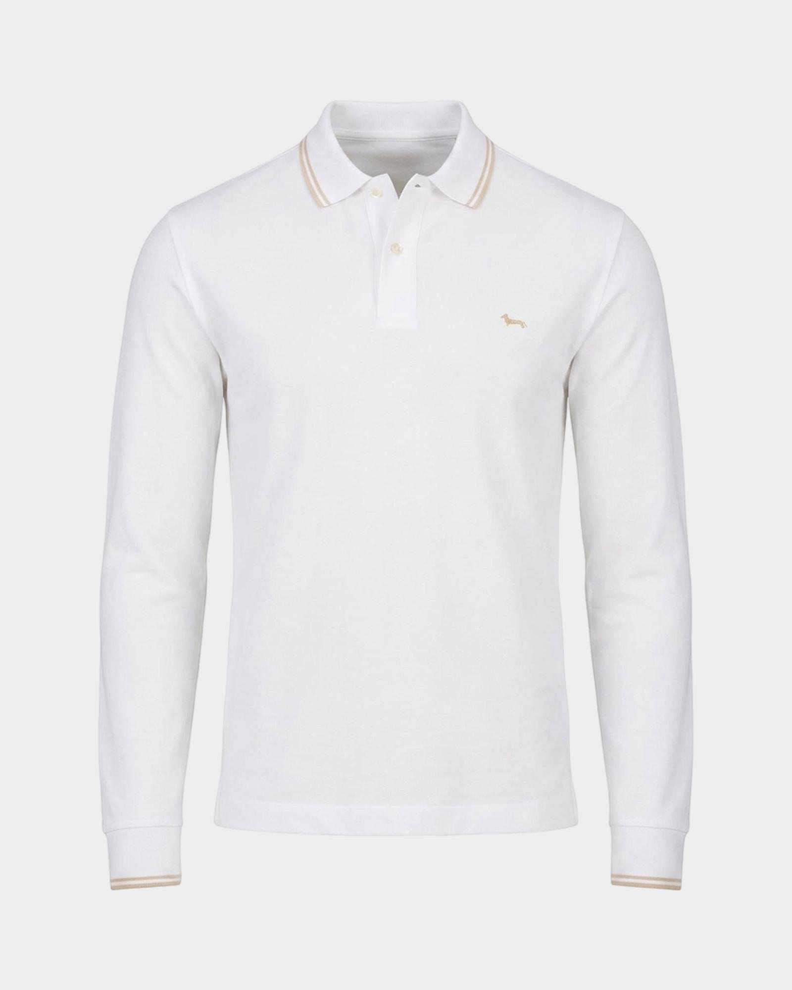 Polo da uomo manica lunga in piquet di 100% puro cotone, BIANCO, large