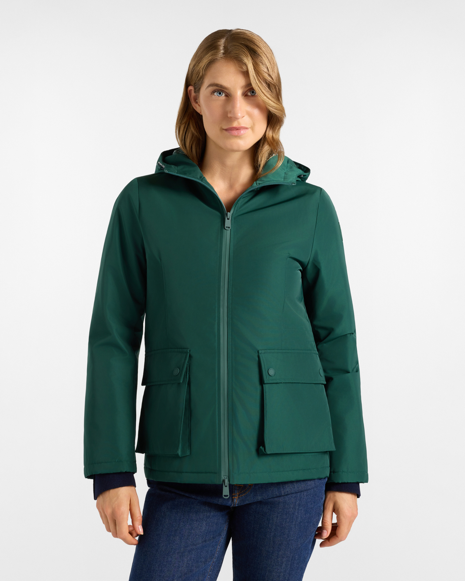 Giubbino da donna con cappuccio verde in nylon tecnico