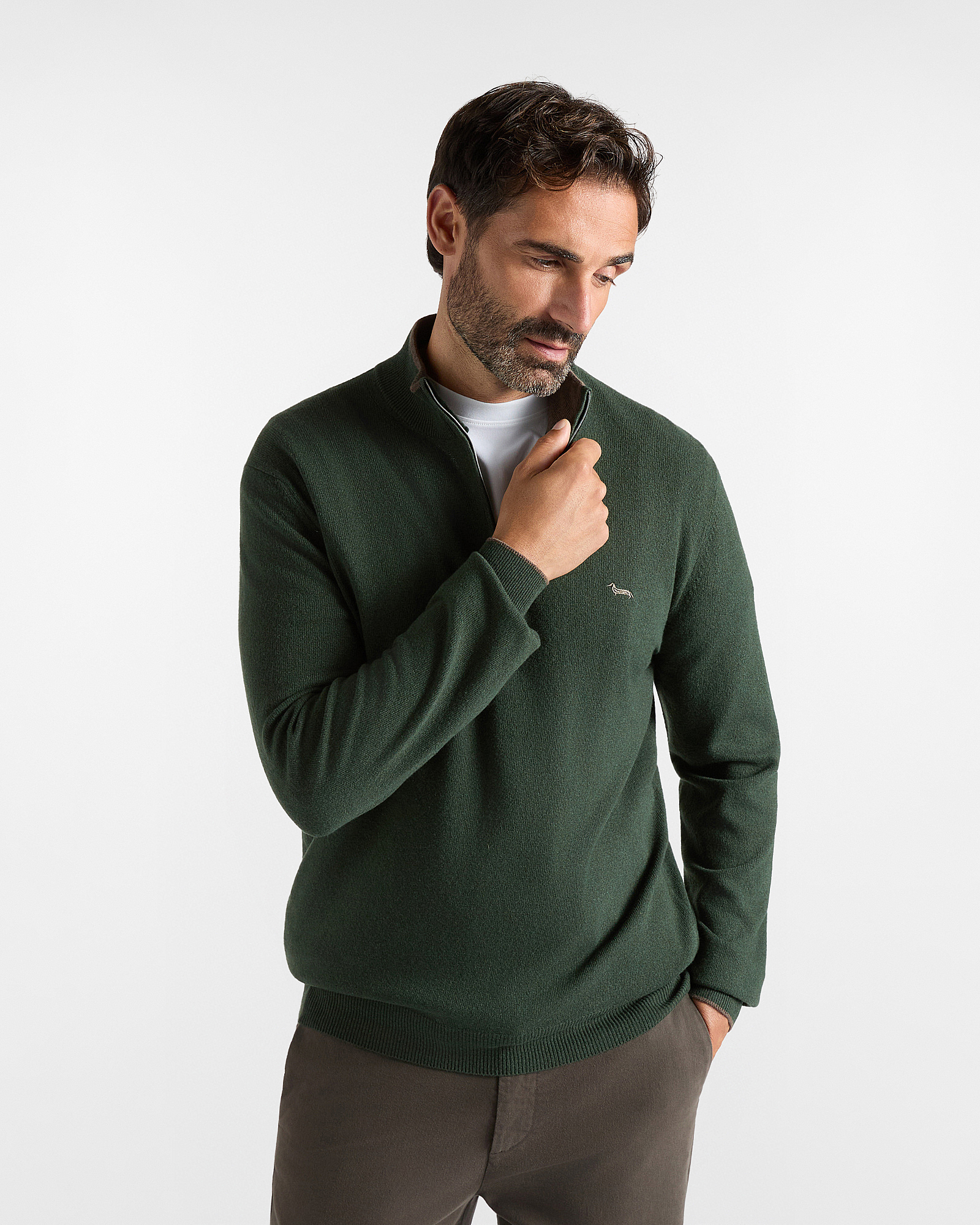 Maglia Uomo con collo alto half zip in misto lana e cashmere verde Regular Fit