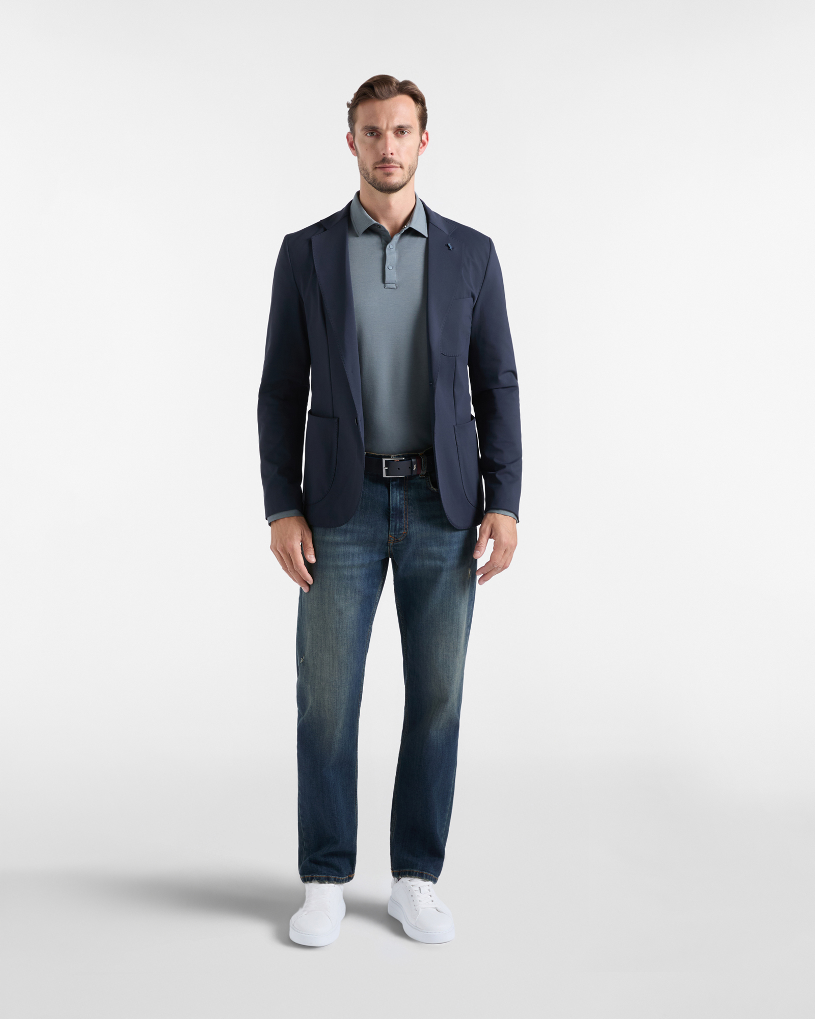 Polo da uomo manica lunga in piquet di cotone stretch grigio, GRIGIO, large