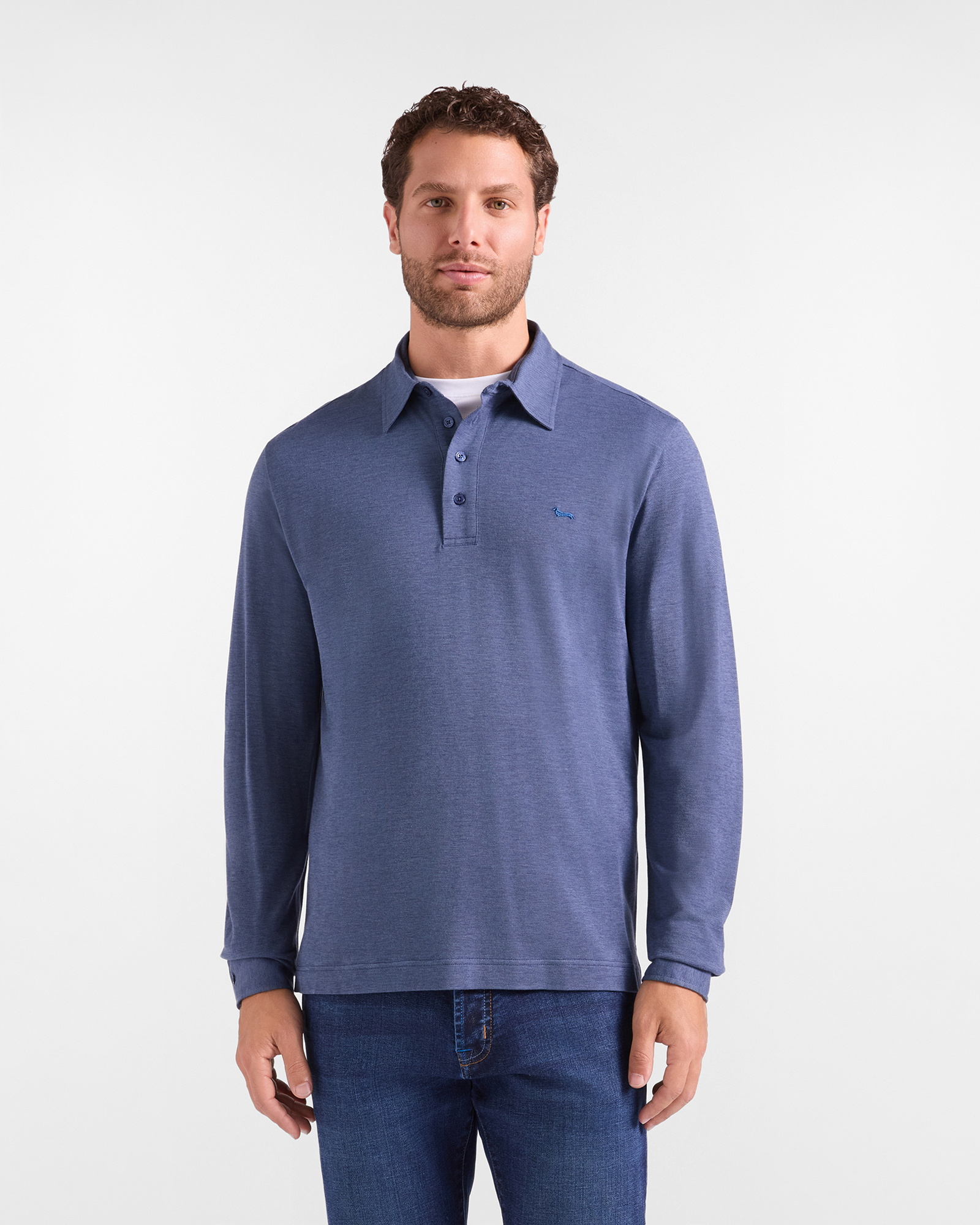 Polo da uomo manica lunga in piquet di misto cotone e Lyocell Blu