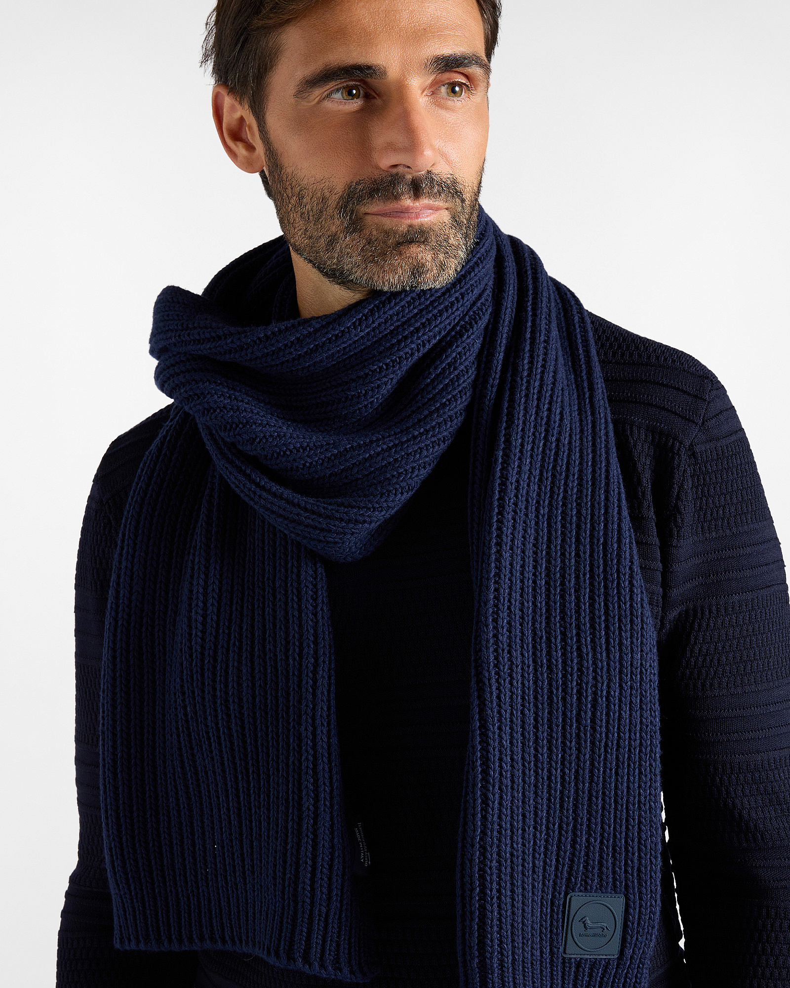Sciarpa Uomo in misto lana e cashmere con patch signature blu navy