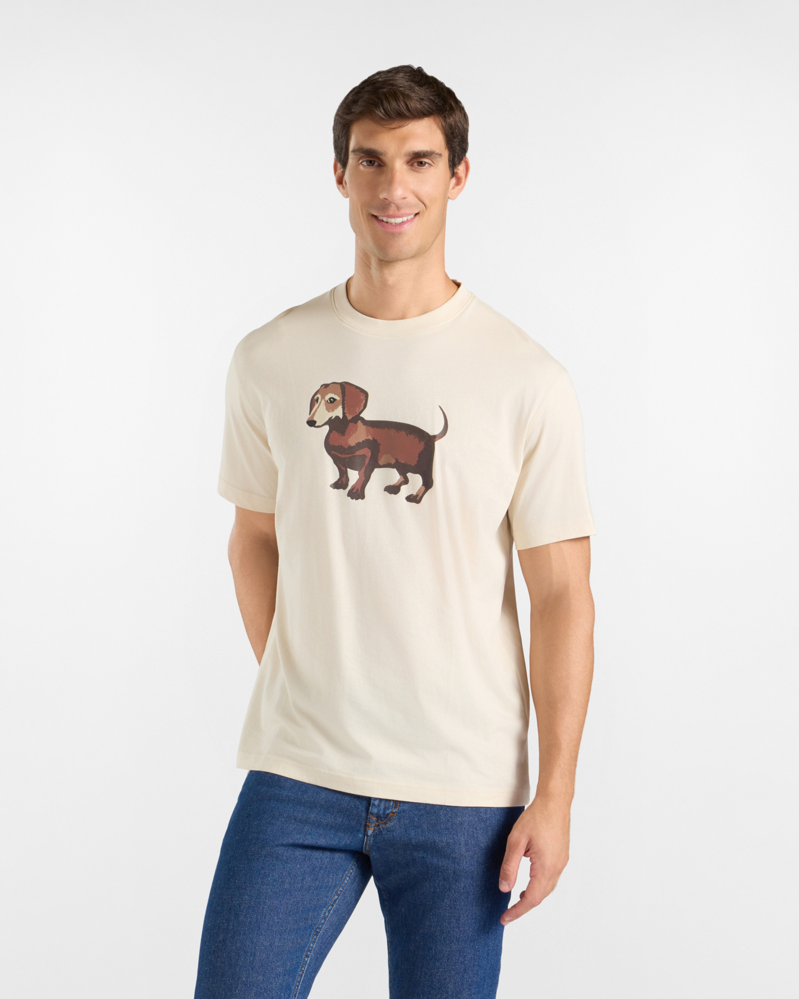 T-shirt Uomo in Jersey di Puro Cotone Tortora con Stampa Bassotto Effetto Acquerello