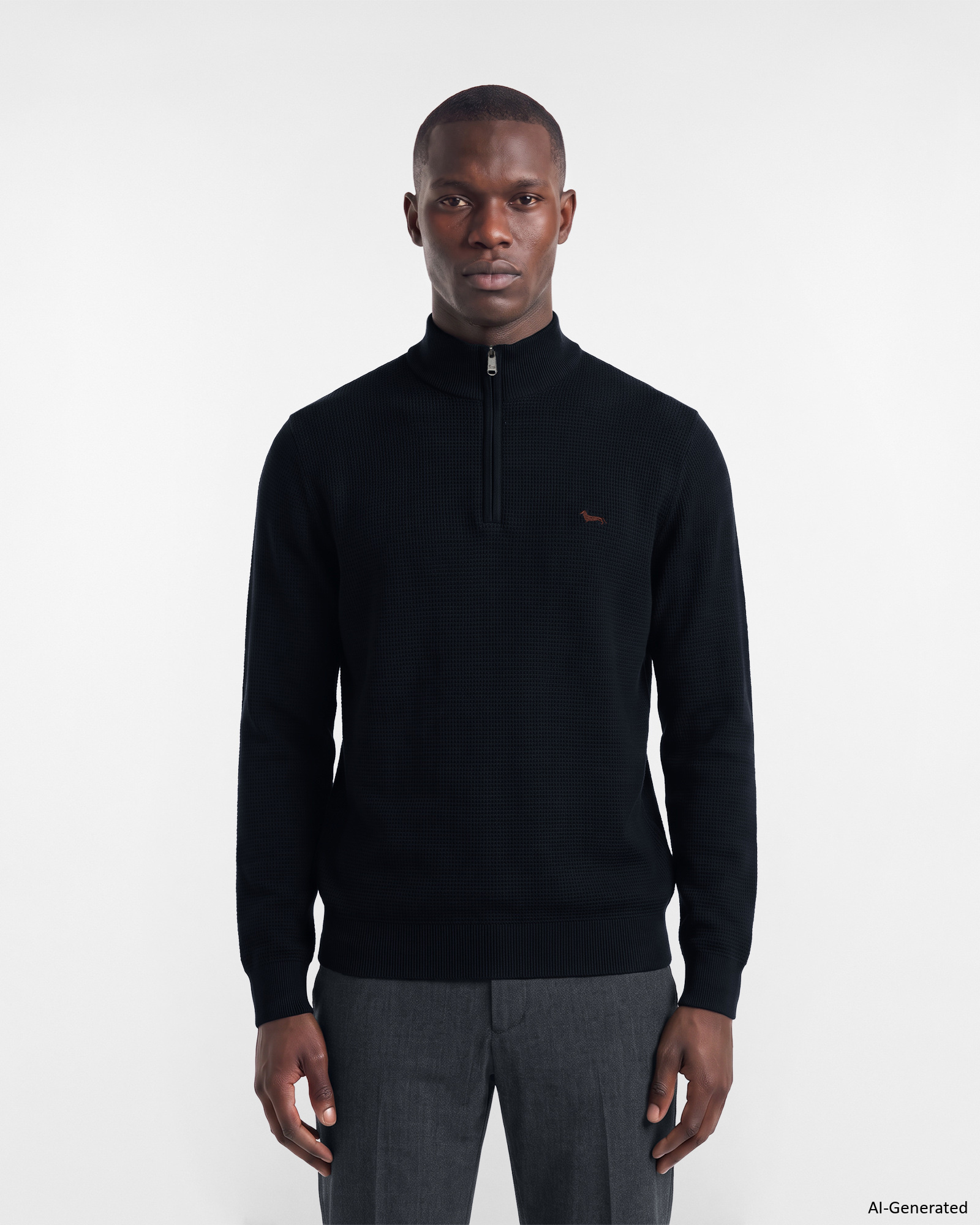 Maglia Uomo con collo alto half zip in misto lana e cotone blu Regular Fit