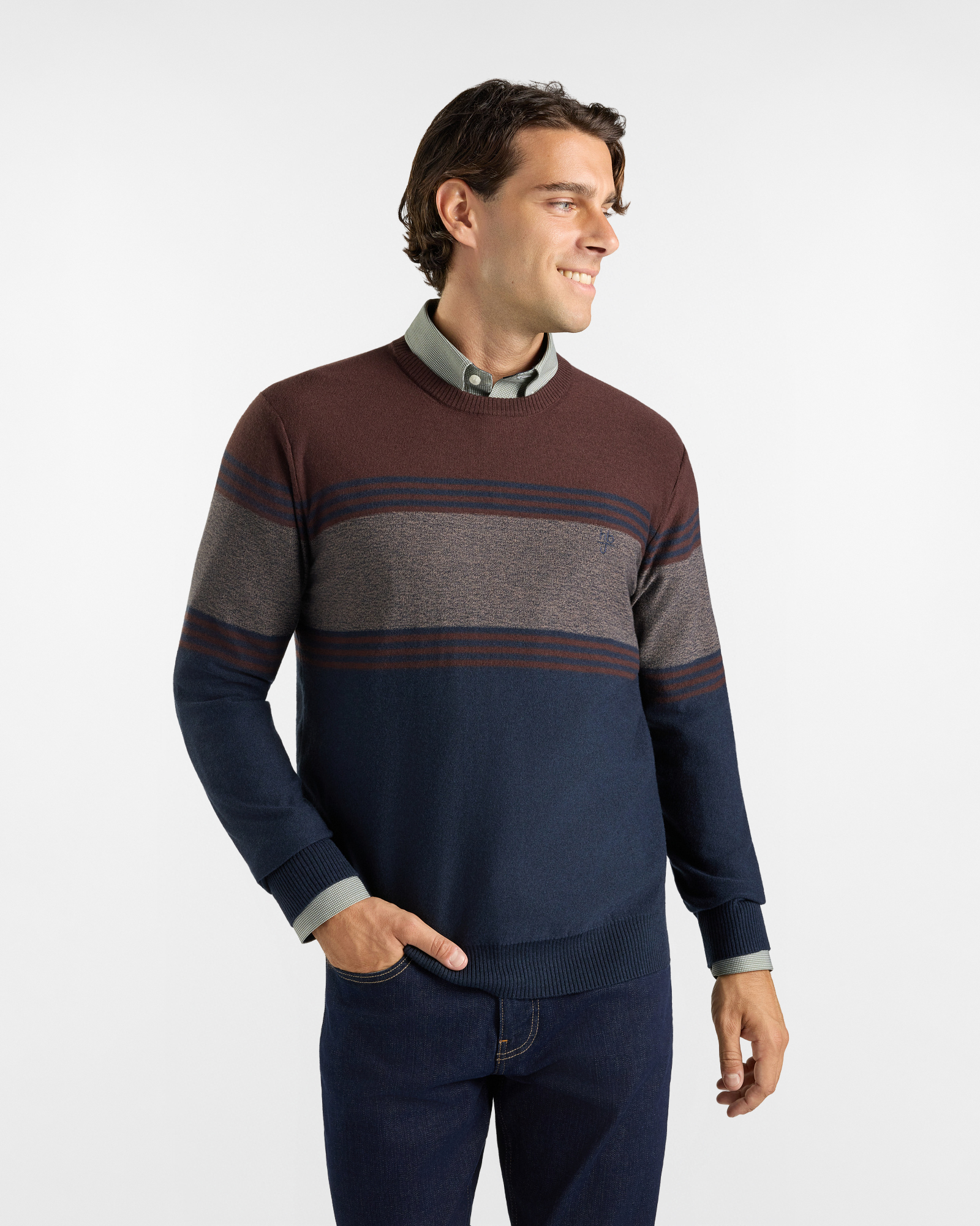 Maglia Girocollo HBJ Uomo in misto lana marrone con motivo color block