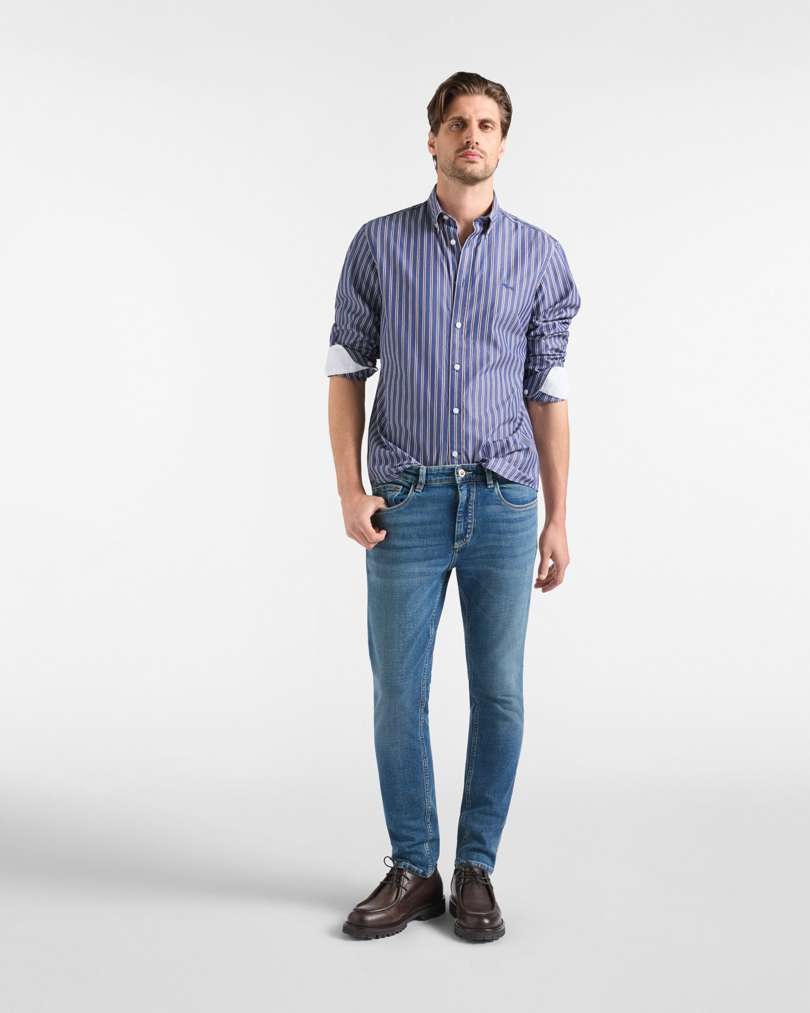 Camicia Uomo Regular Fit Righe Regimental in Cotone, BLU NAVY, large