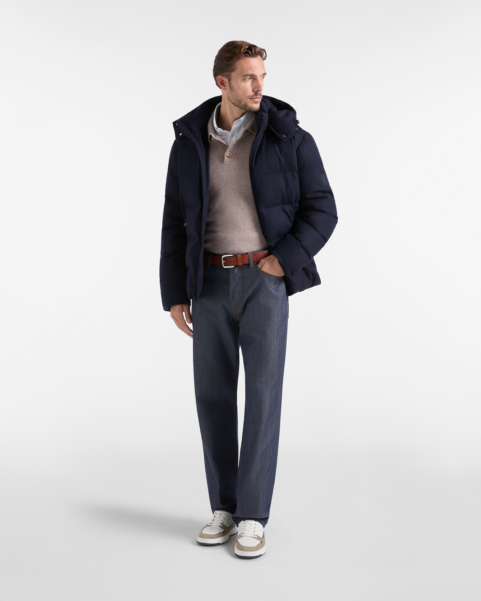 Bomber Uomo imbottito con cappuccio in misto lana e seta blu navy, BLU NAVY, large