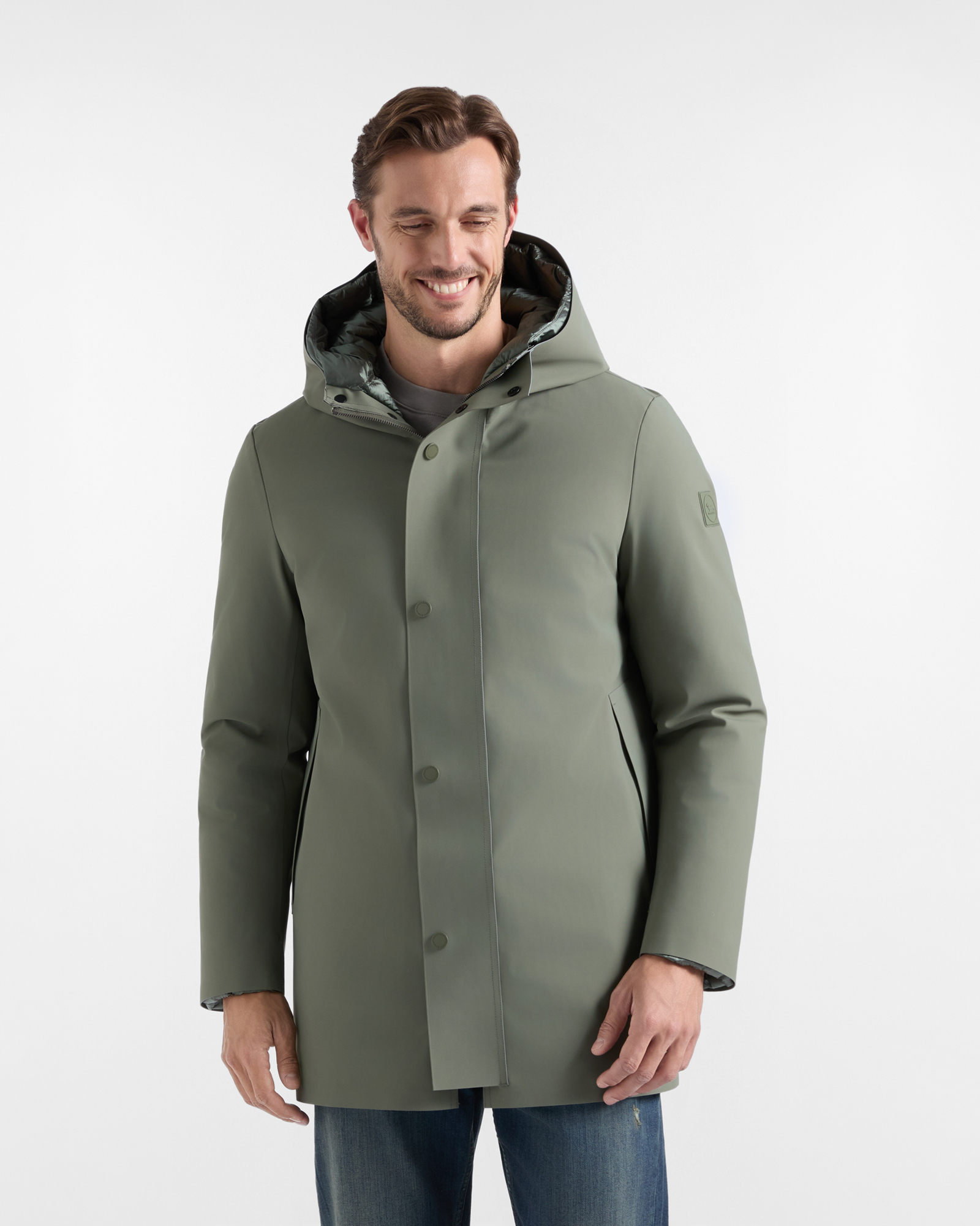 Trench Uomo Tecnico Imbottito in Nylon Stretch Verde Petrolio