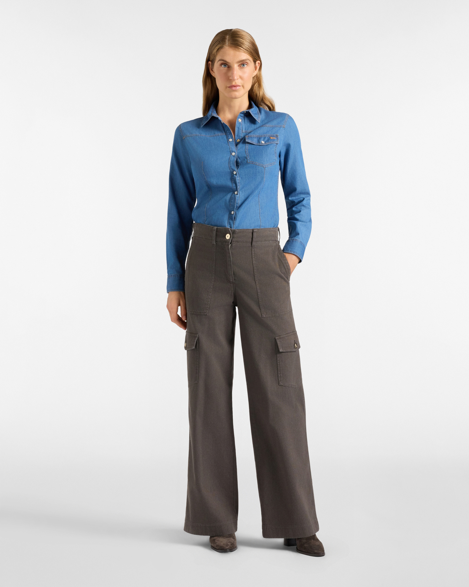 Camicia Donna basic in denim  con taschino, BLU DENIM, large