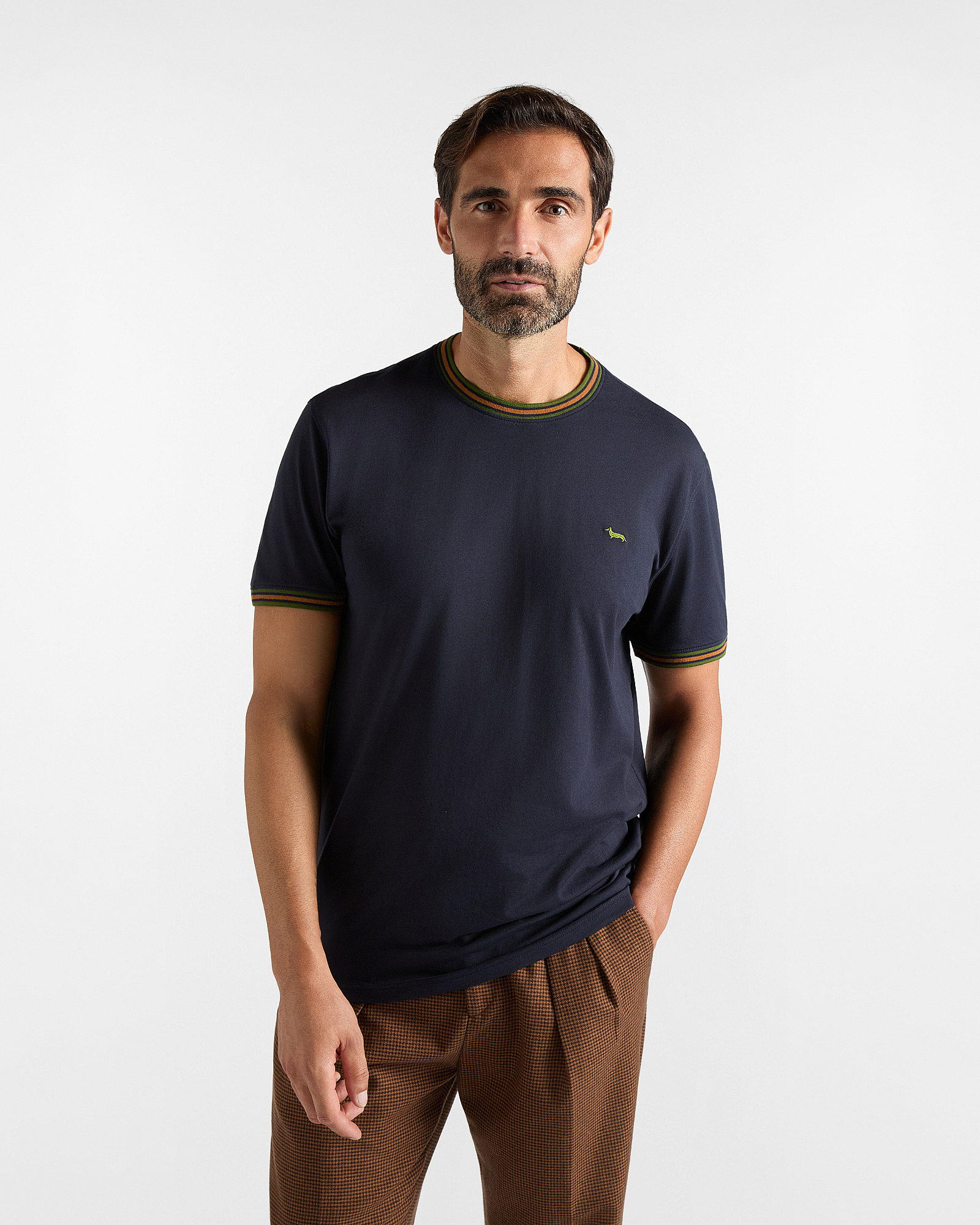 T-shirt Uomo con girocollo a costine rigate in 100% puro cotone blu Regular Fit