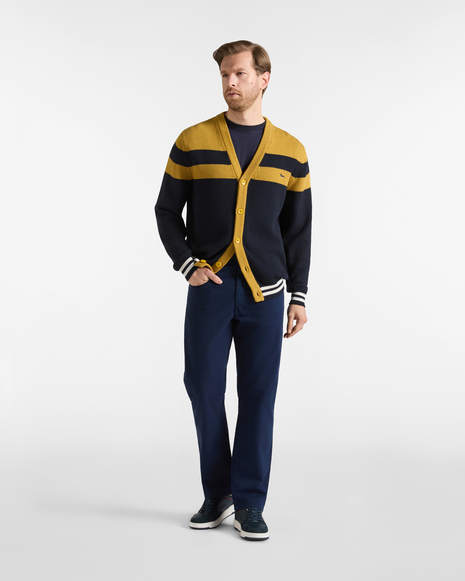 Cardigan Uomo con scollo a V cardigan in misto lana e cotone Regular Fit Made in Italy, NERO-GIALLO, large