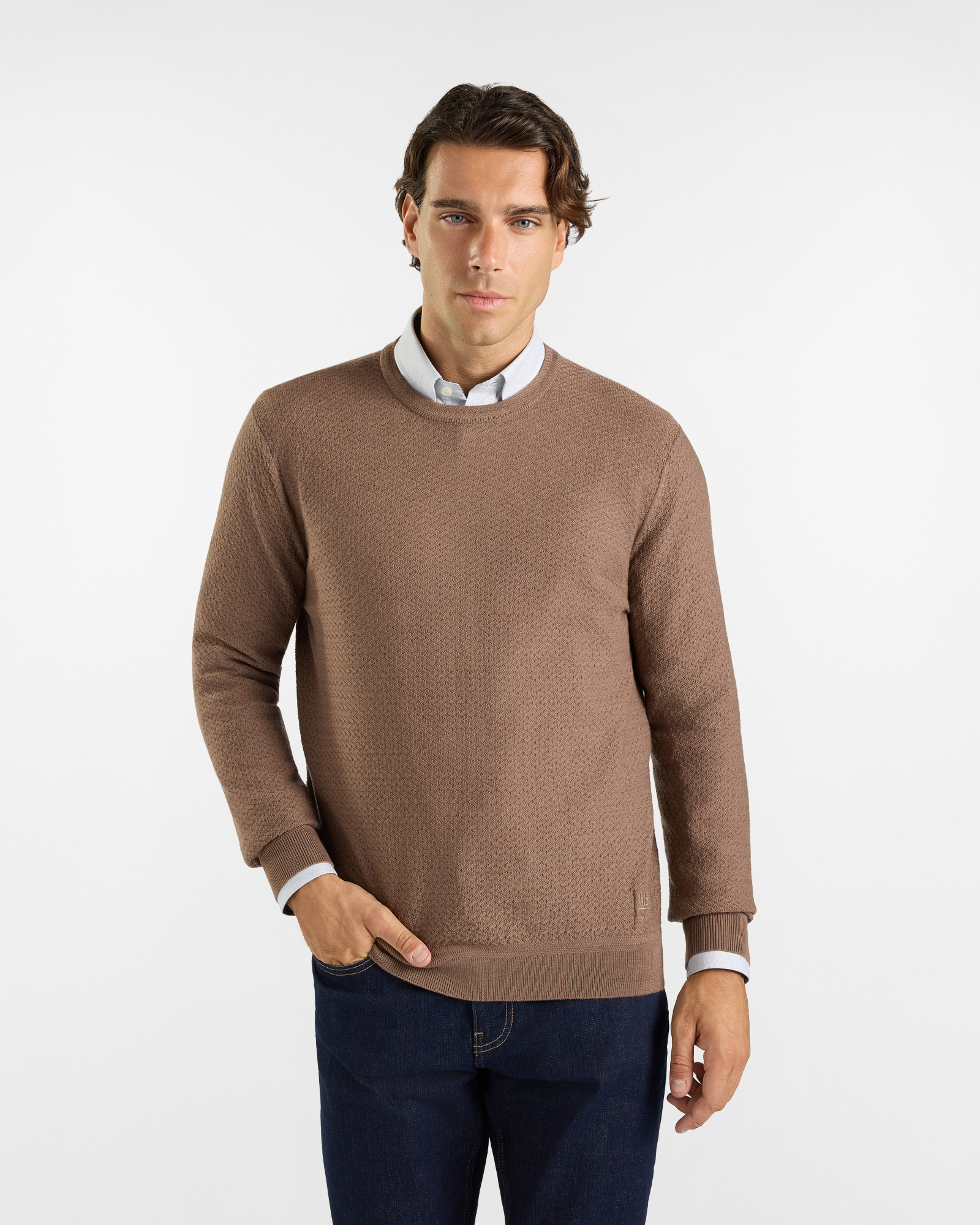 Maglia girocollo HBJ Uomo in pura lana beige