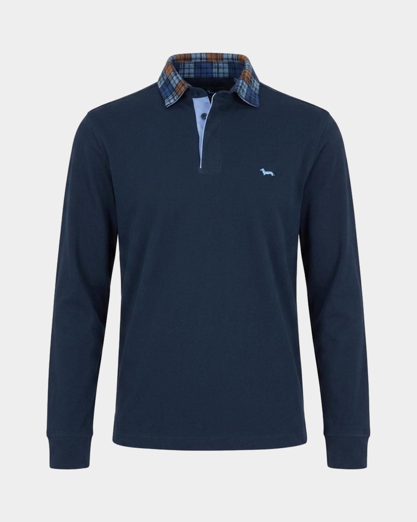 Polo da uomo manica lunga in jersey brushed di 100% puro cotone blu, BLU NAVY, large
