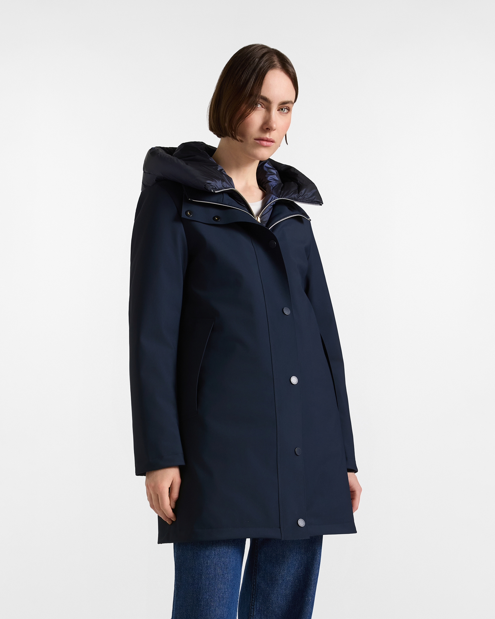 Parka Donna in Piuma con Cappuccio Staccabile Blu Navy
