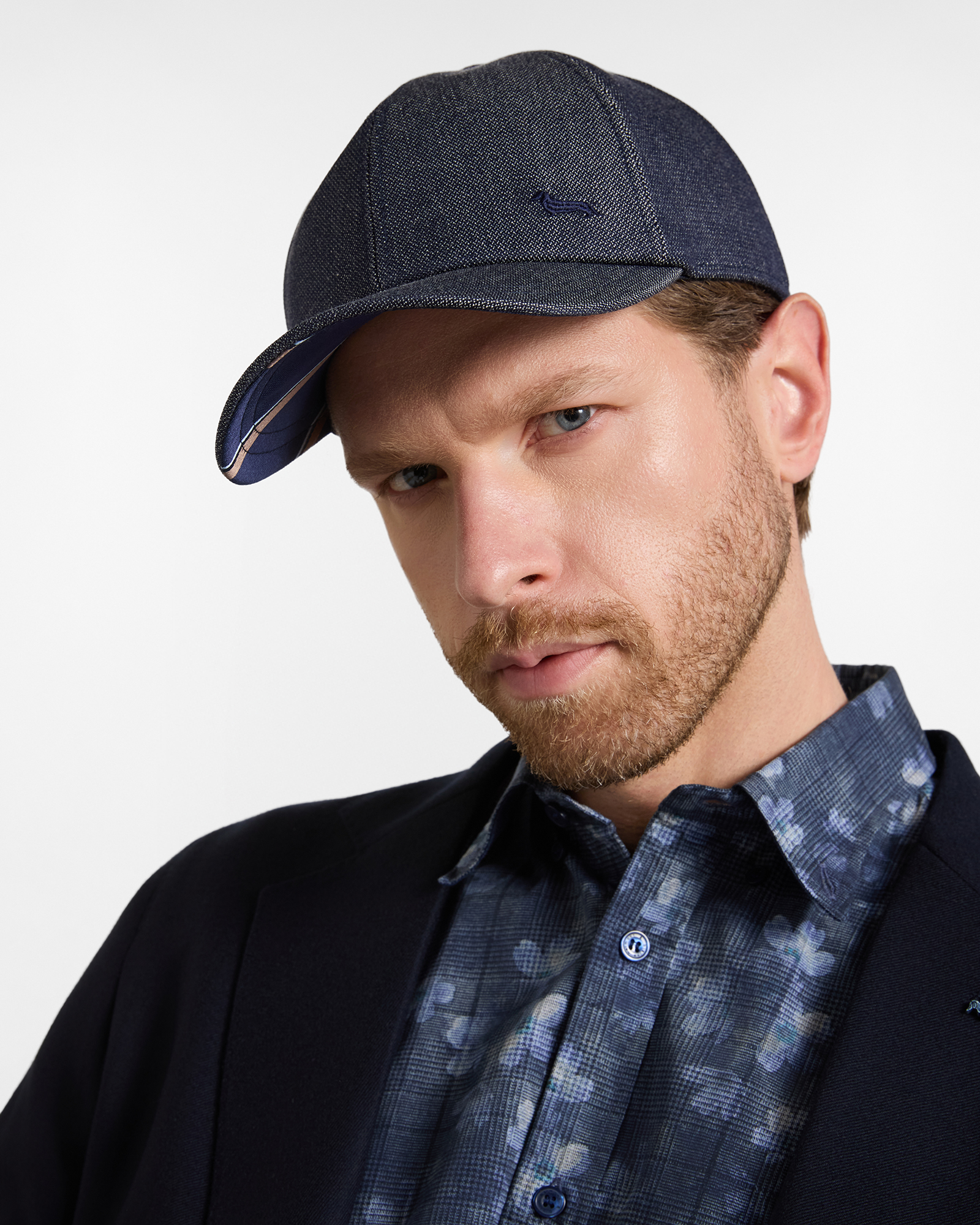 Baseball Cap Uomo mix materiali in misto lana e cotone blu denim