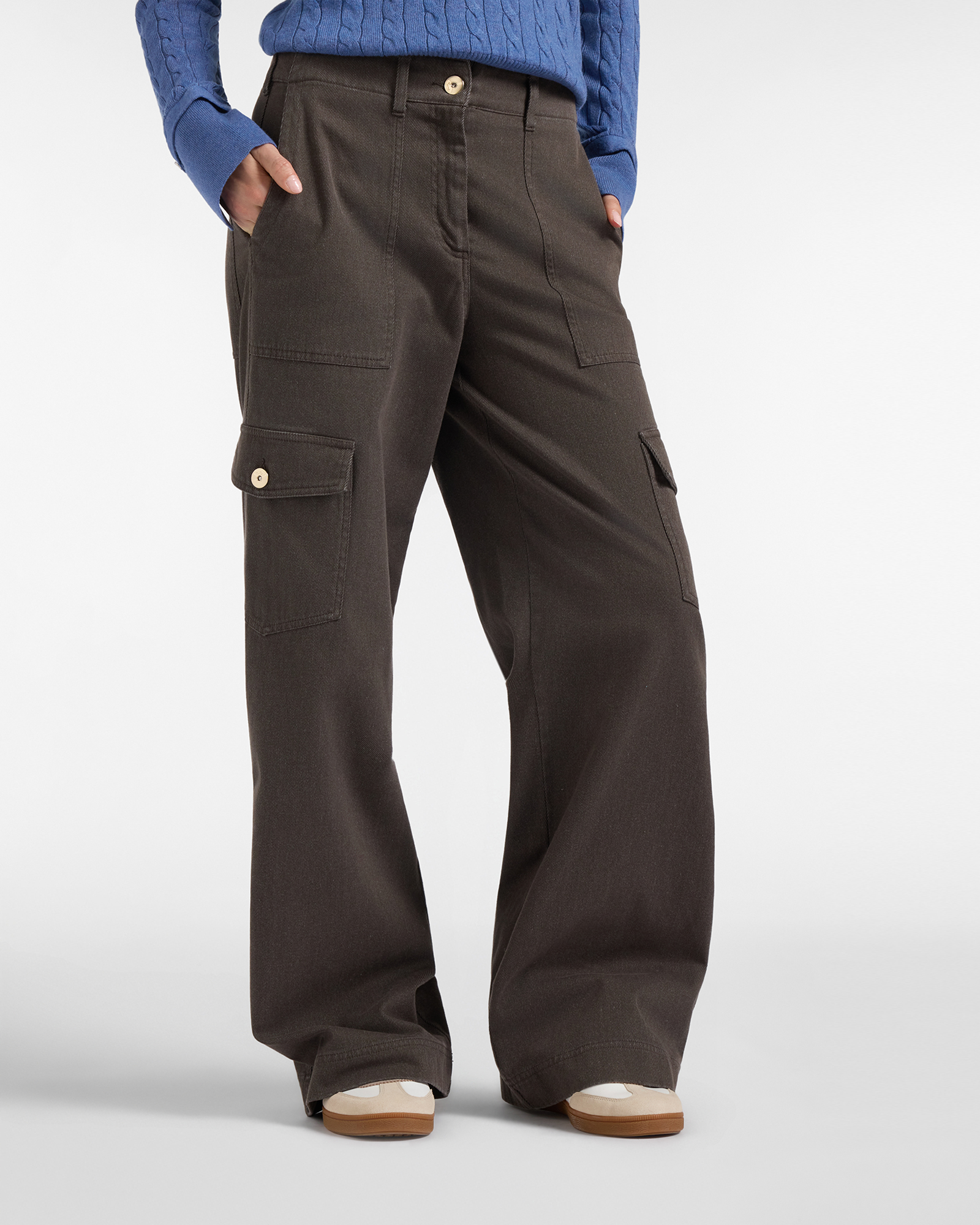 Pantalone Cargo Donna in cotone stretch marrone vita alta