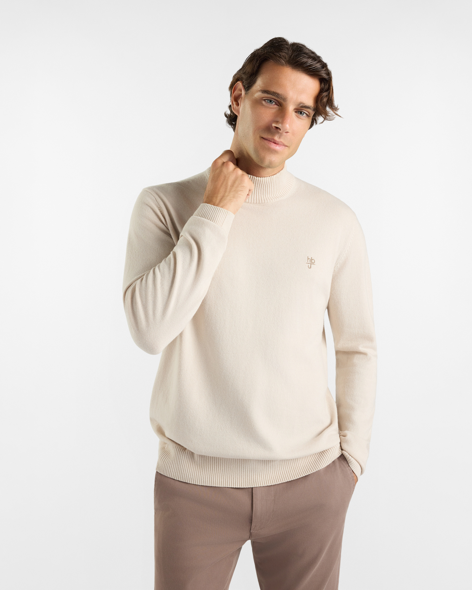 Maglia HBJ Uomo con collo Perkins in misto lana e cashmere bianco naturale