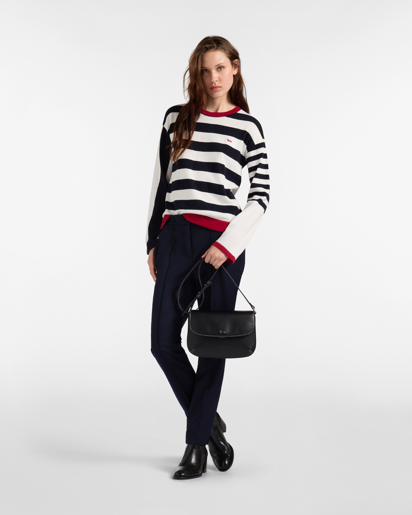 Maglia Donna a Righe in Cotone con Dettagli a Contrasto, BIANCO, large