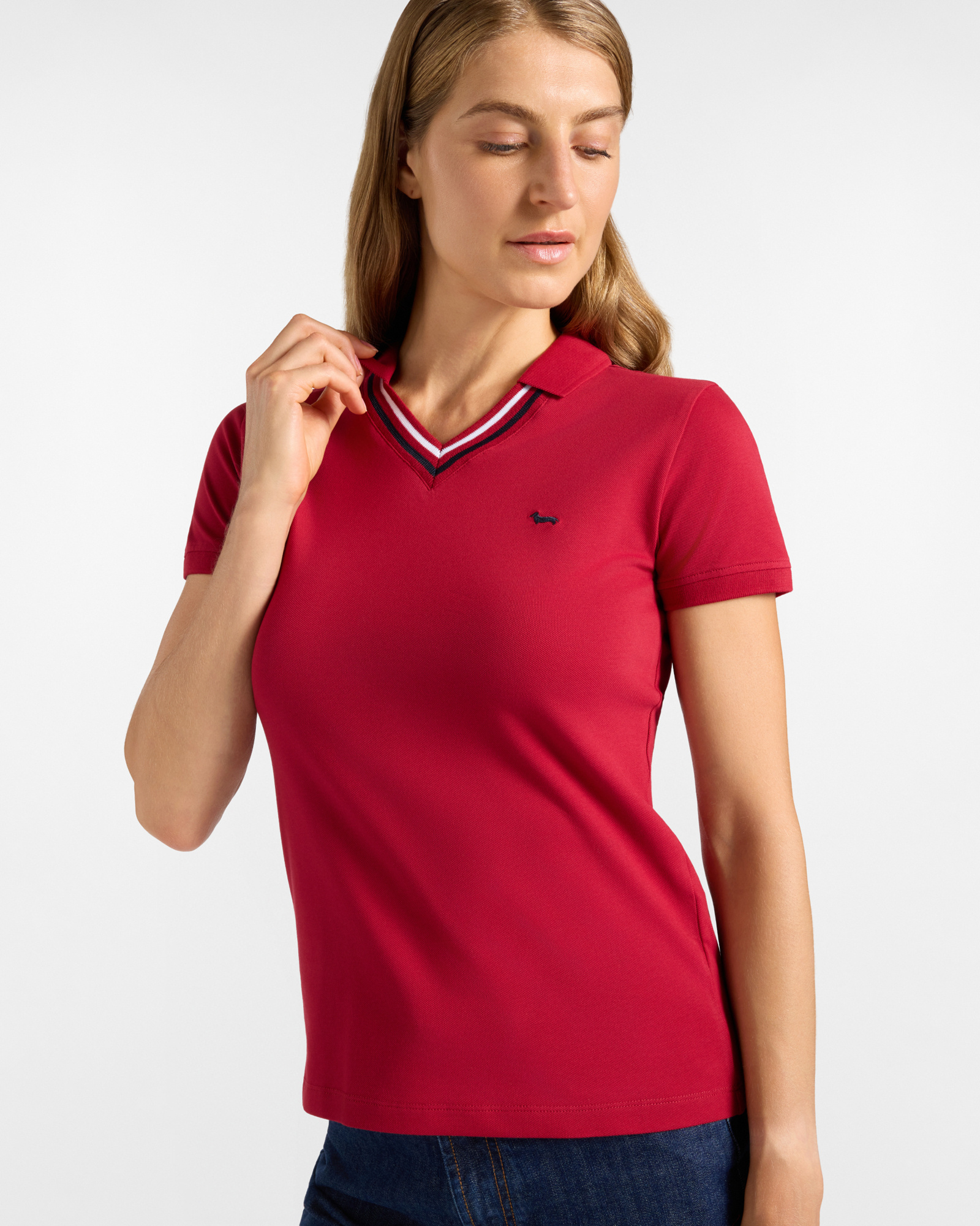 Polo da donna manica corta in cotone stretch, ROSSO, large