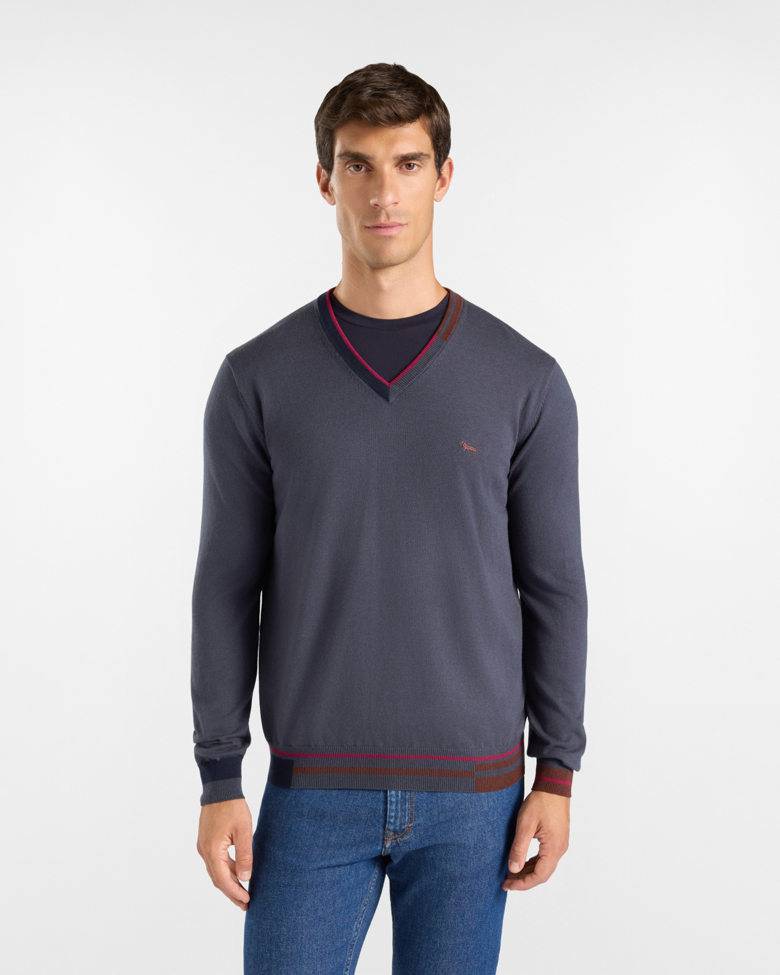 Maglia Uomo con scollo a V in misto lana e cotone grigio Regular Fit