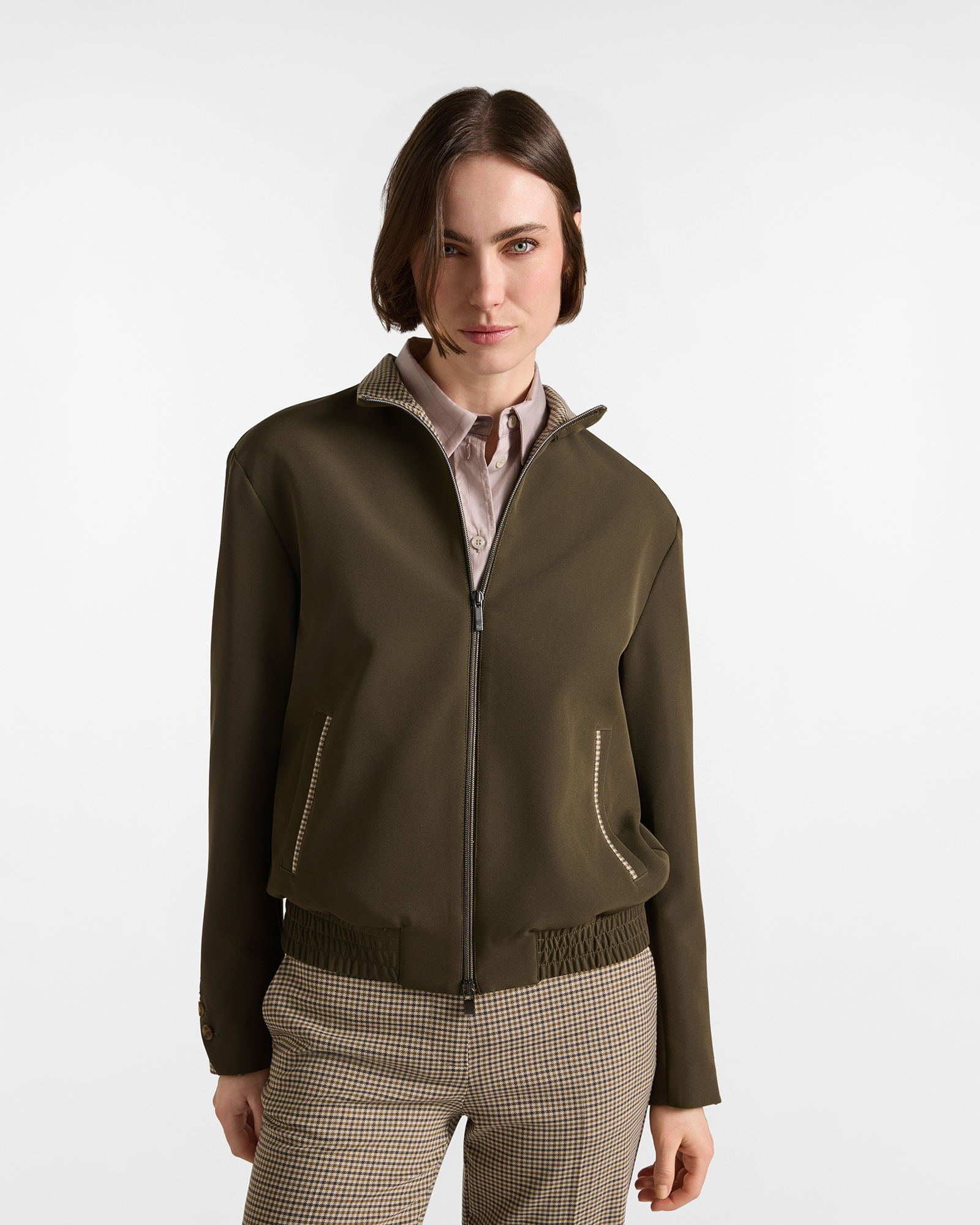 Bomber da donna verde militare in tessuto cady tecnico con inserti vichy Made in Italy