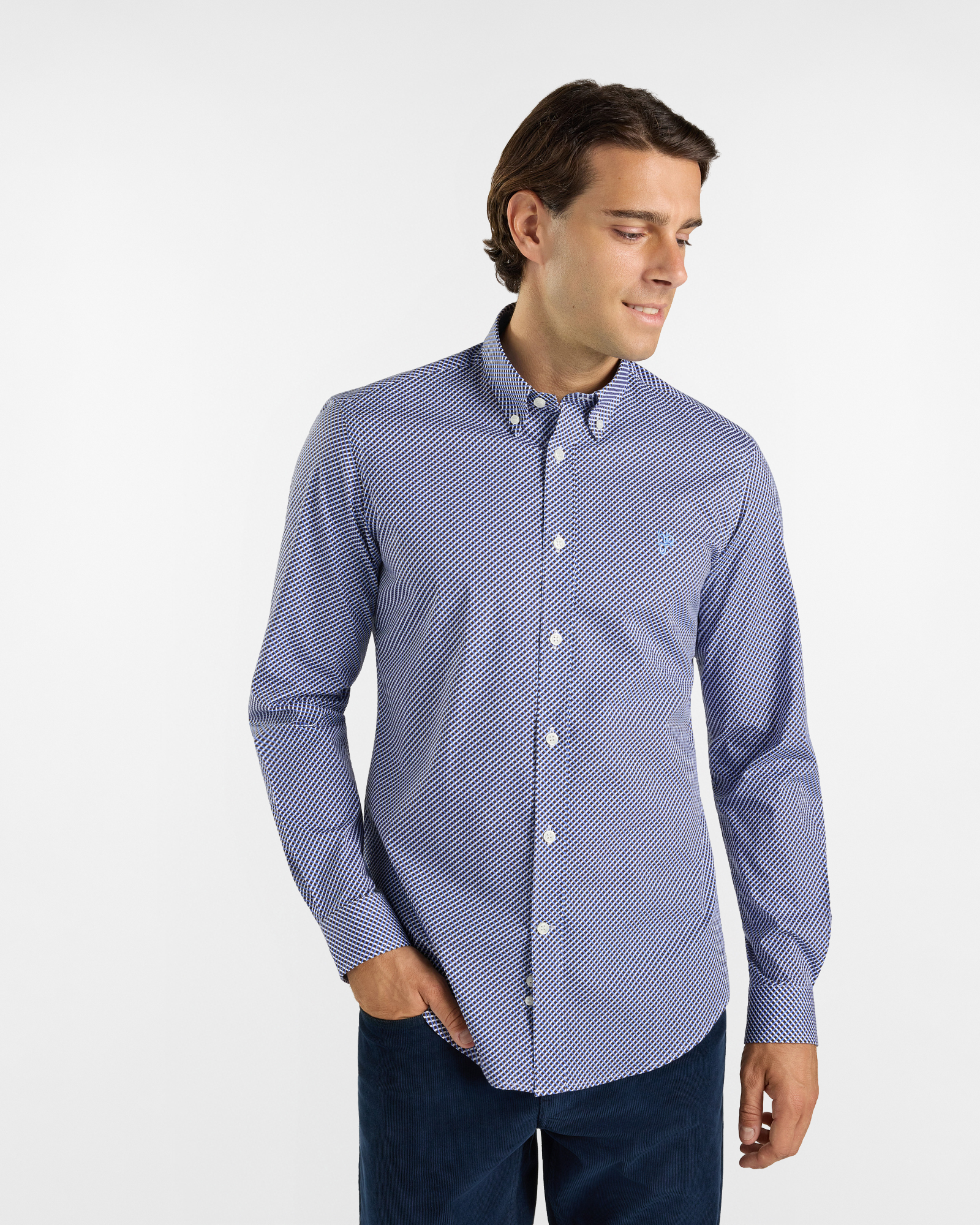 Camicia HBJ Uomo Narrow Fit in cotone stretch microstampa celeste con collo Montecarlo
