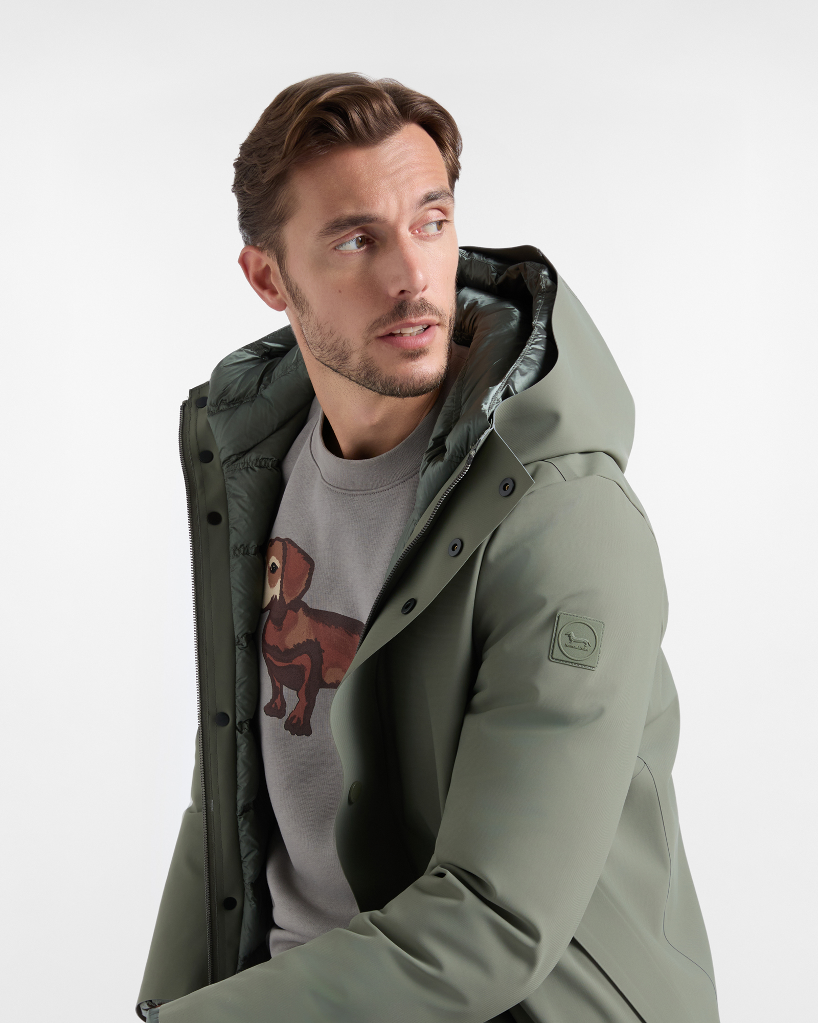 Trench Uomo tecnico con cappuccio in nylon stretch, VERDE PETROLIO, large