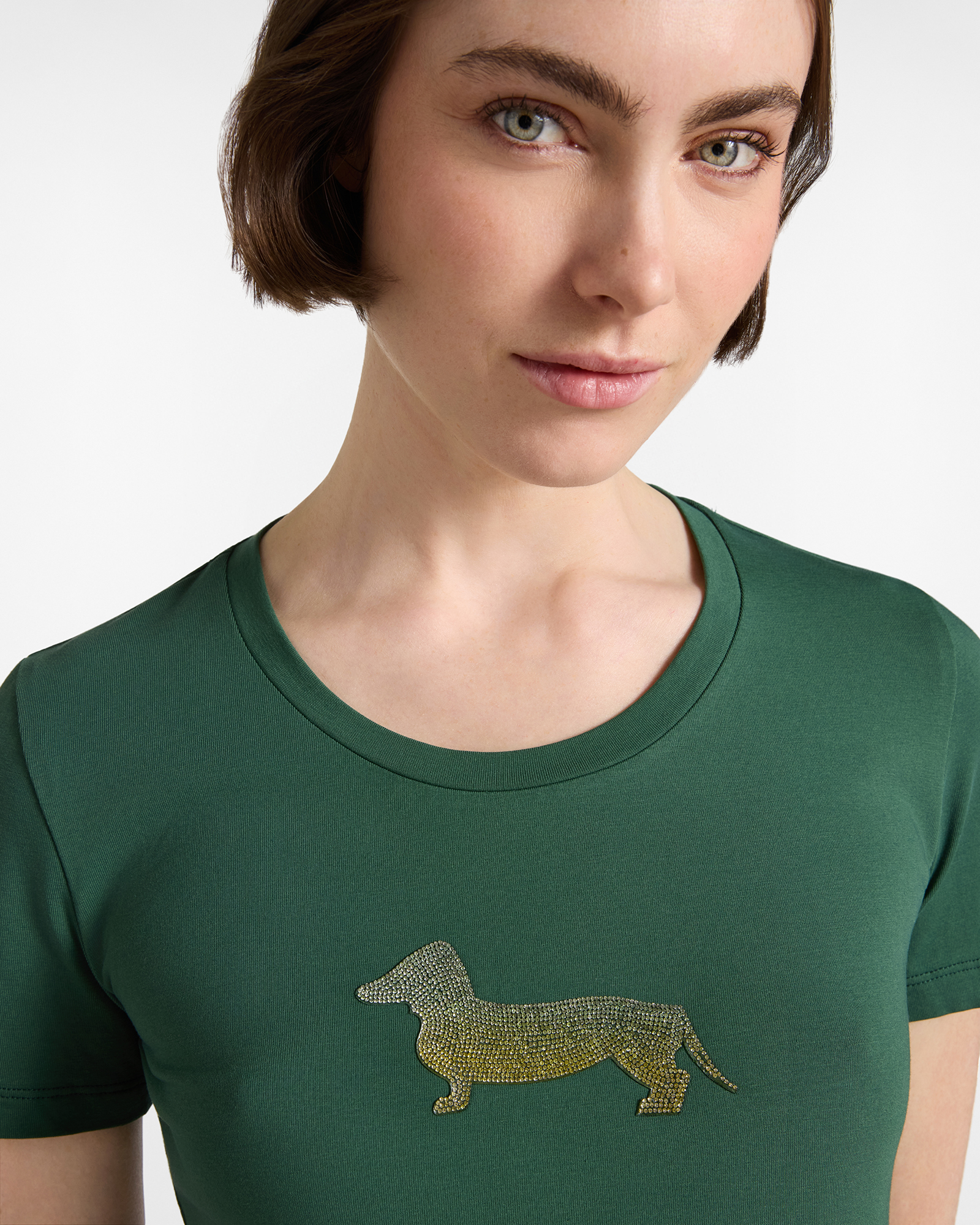T-shirt Donna in cotone stretch  con Maxi Bassotto Glitter, VERDE, large