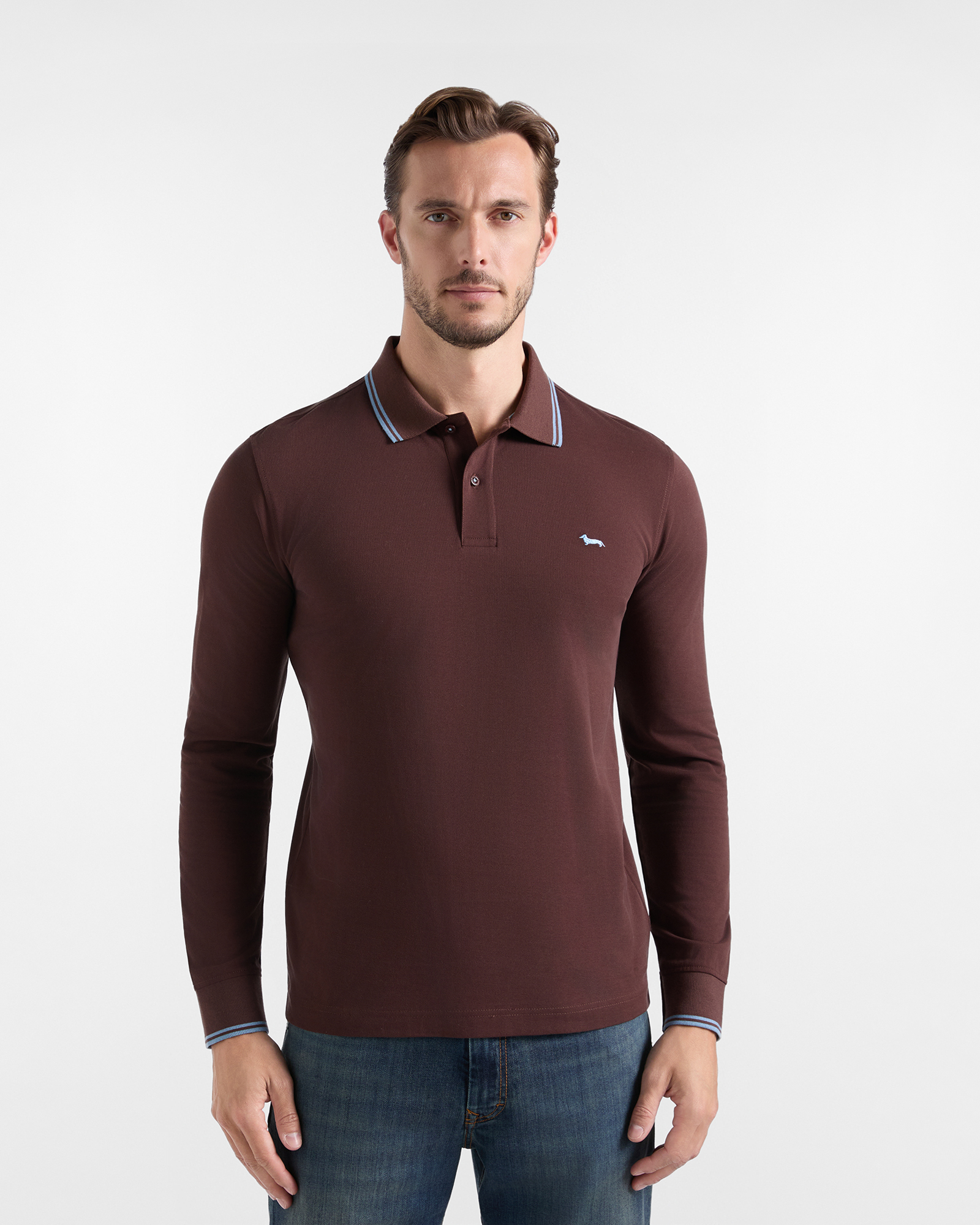 Polo da uomo manica lunga in piquet di 100% puro cotone marrone